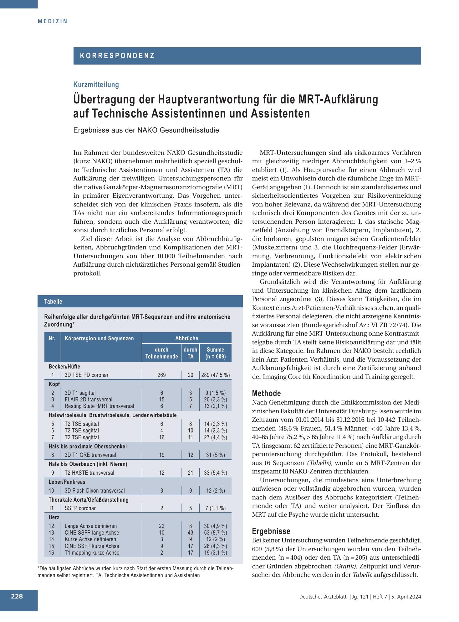 Vorschauseite 1: Übertragung der Hauptverantwortung für die MRT-Aufklärung auf Technische Assistentinnen und Assistenten – Deutsches Ärzteblatt