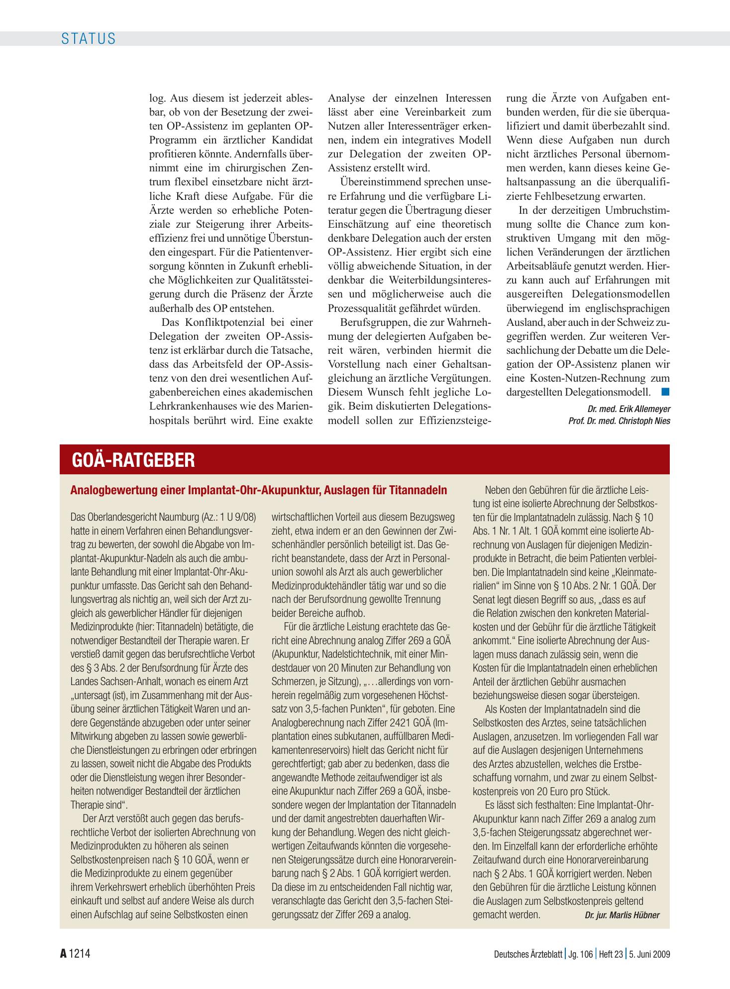 Vorschauseite 1: Analogbewertung einer Implantat-Ohr-Akupunktur, Auslagen für Titannadeln – Deutsches Ärzteblatt
