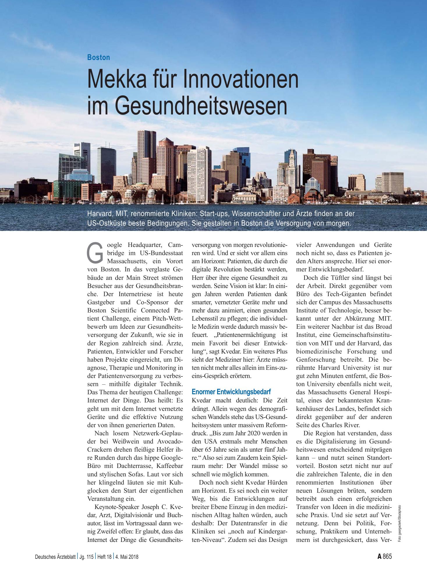 Vorschauseite 1: Boston: Mekka für Innovationen im Gesundheitswesen – Deutsches Ärzteblatt