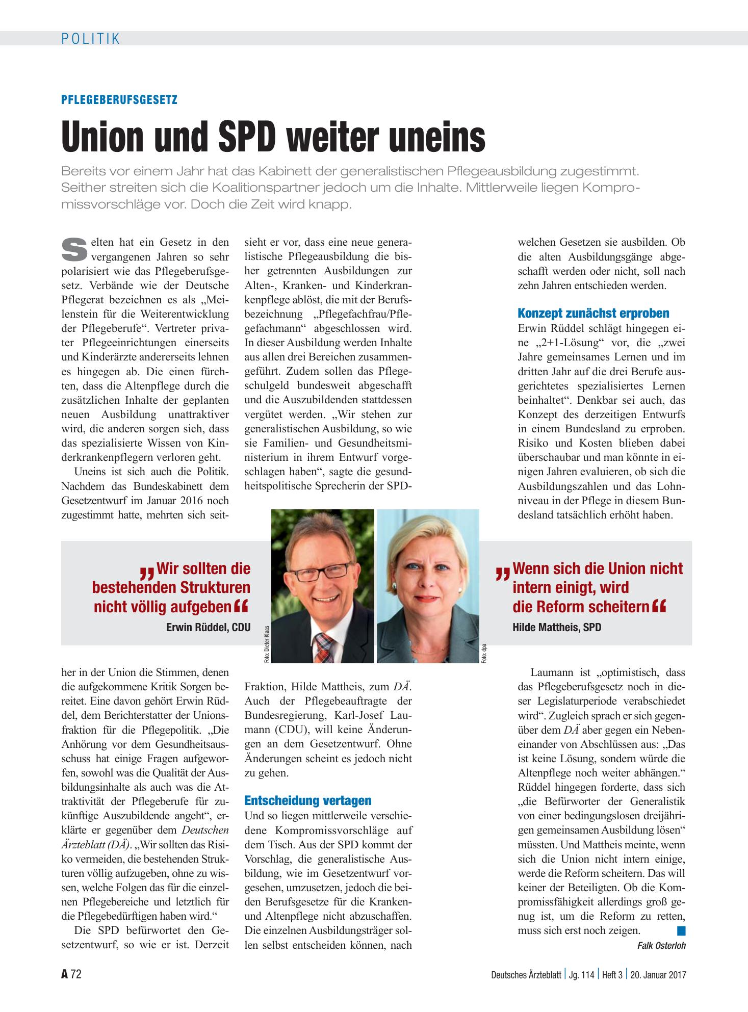 Vorschauseite 1: Pflegeberufsgesetz: Union und SPD weiter uneins – Deutsches Ärzteblatt