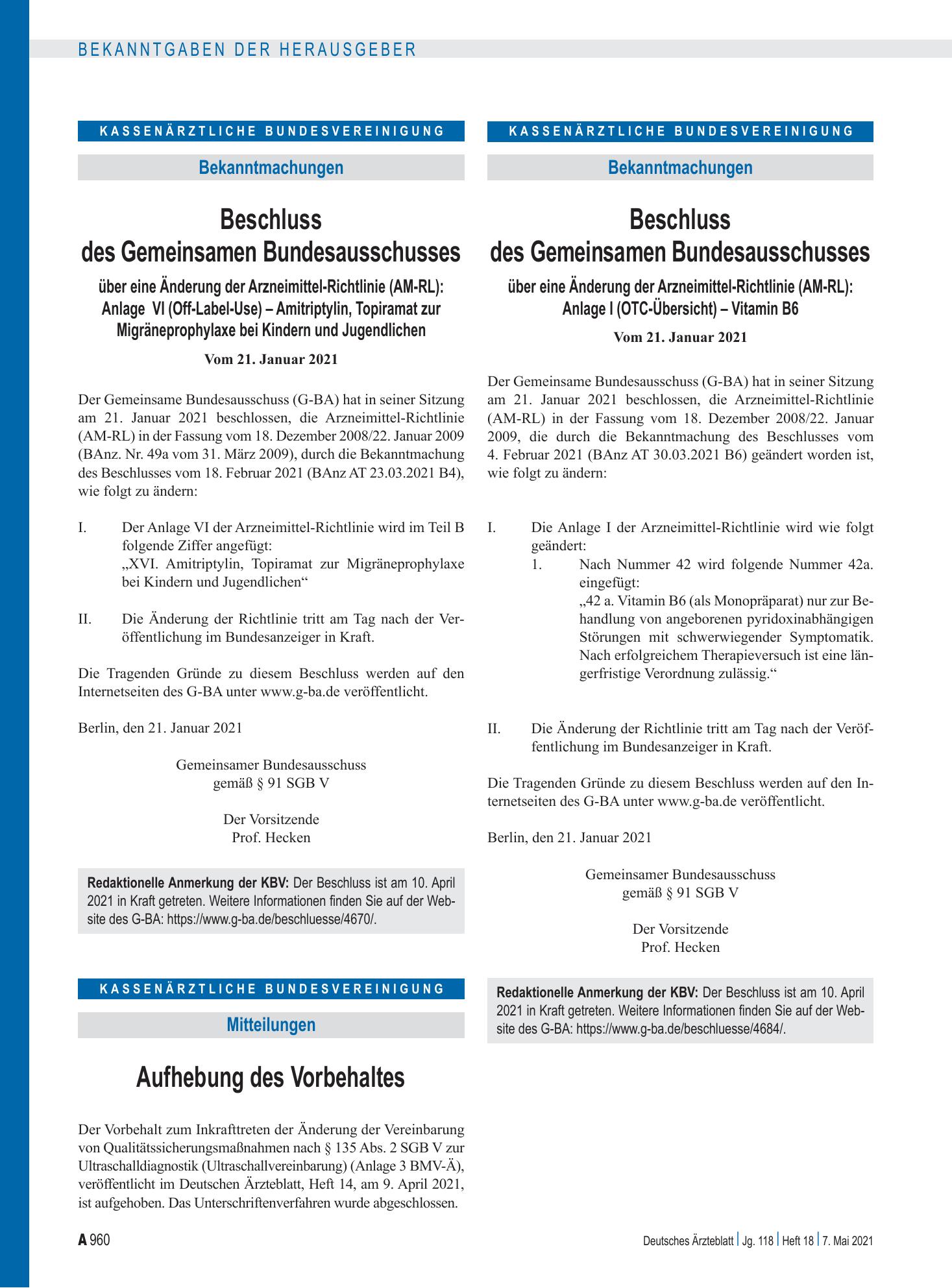 Vorschauseite 1: Aufhebung des Vorbehaltes – Deutsches Ärzteblatt
