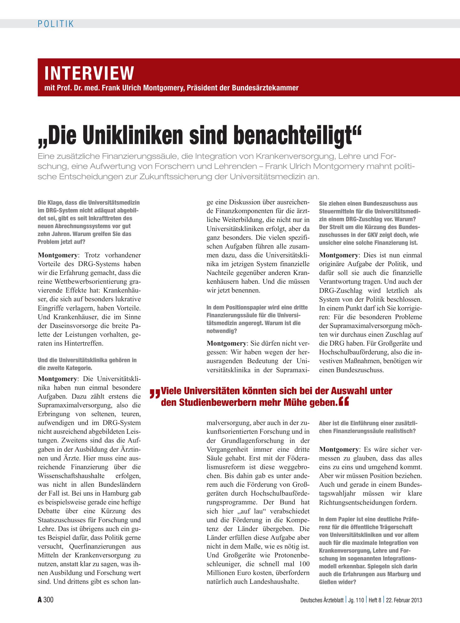 Vorschauseite 1: Interview mit Prof. Dr. med. Frank Ulrich Montgomery, Präsident der Bundesärztekammer: „Die Unikliniken sind benachteiligt“ – Deutsches Ärzteblatt