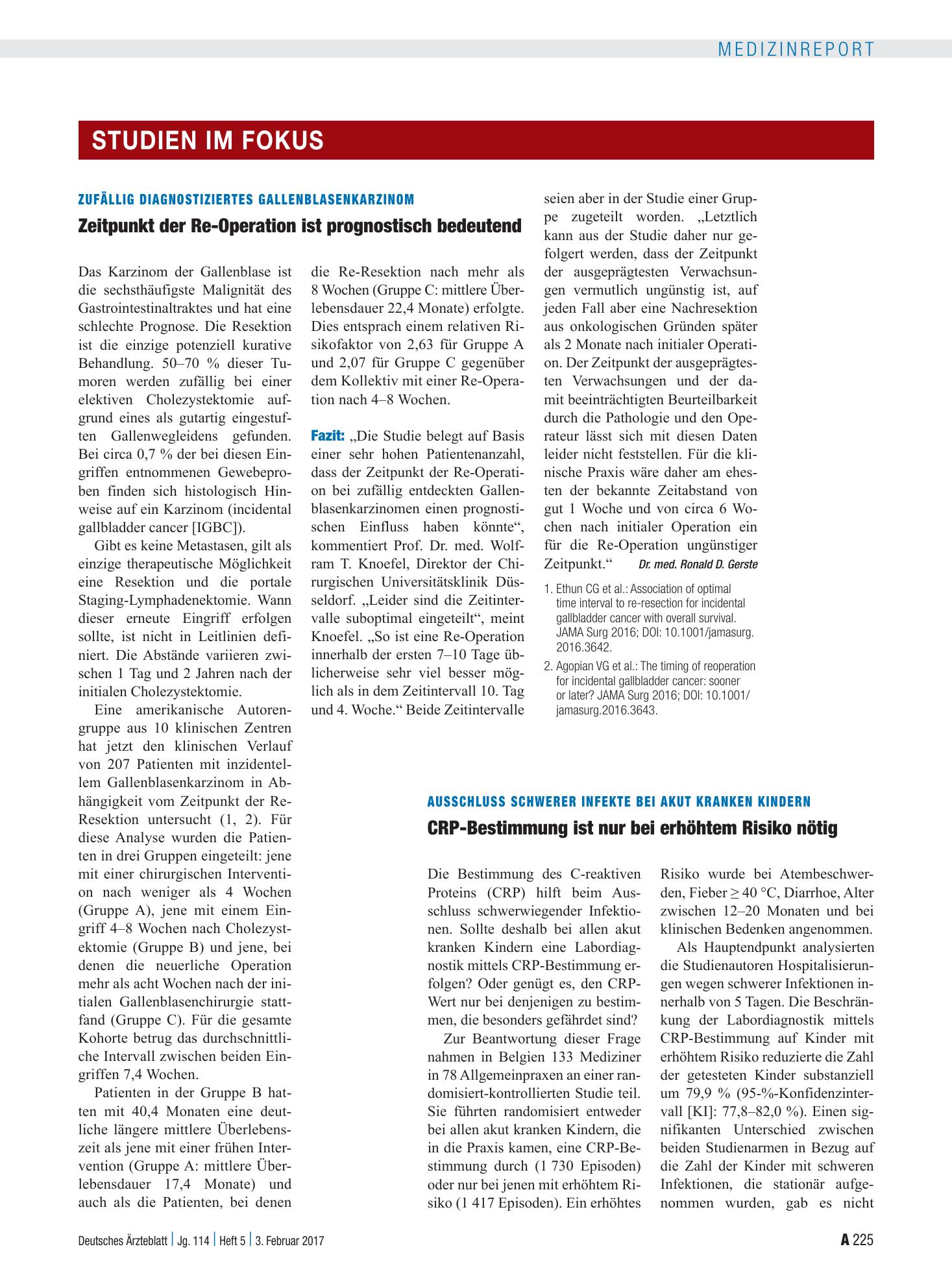 Vorschauseite 1: Zufällig diagnostiziertes Gallenblasenkarzinom: Zeitpunkt der Re-Operation ist prognostisch bedeutend – Deutsches Ärzteblatt