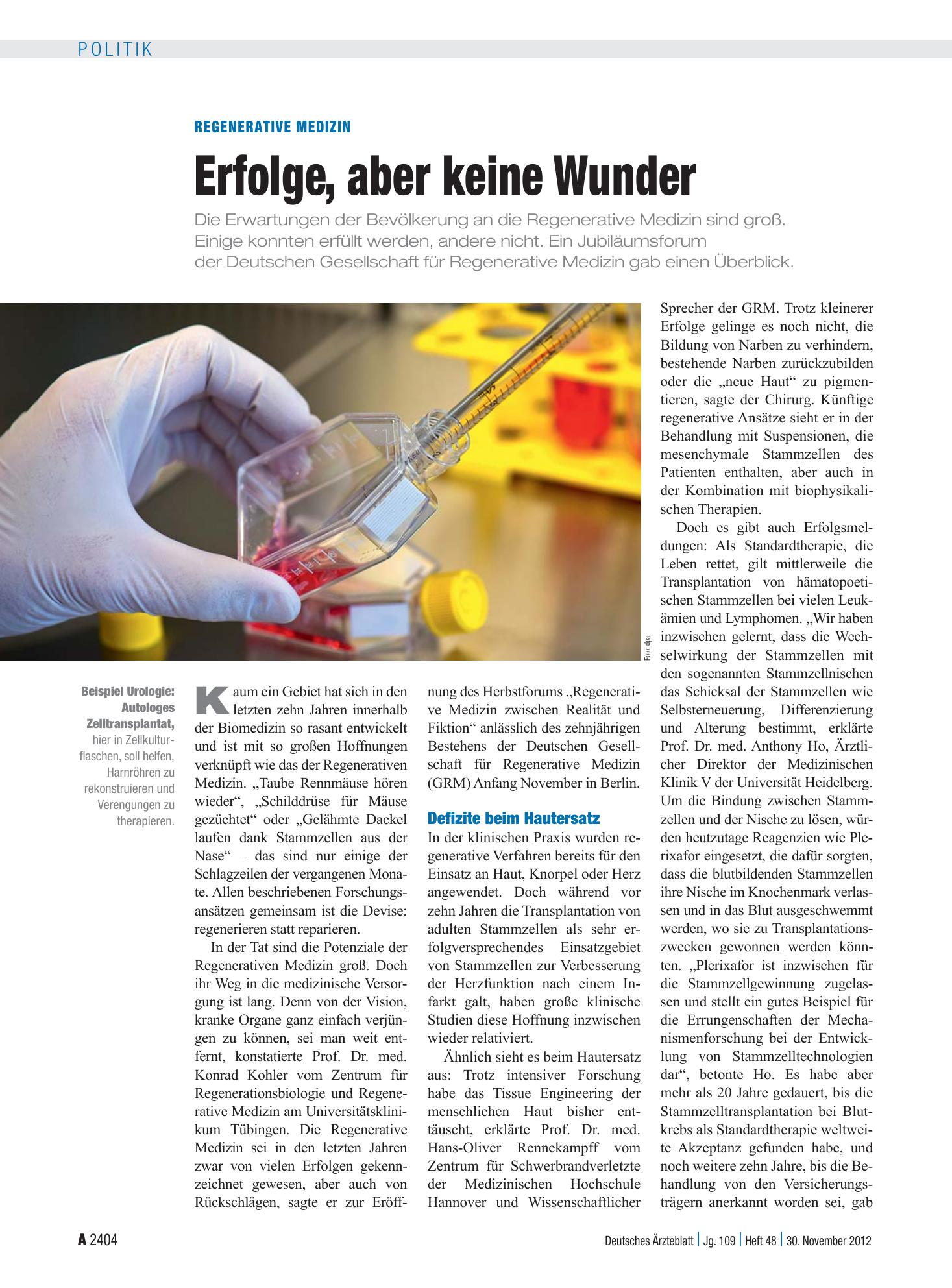 Vorschauseite 1: Regenerative Medizin: Erfolge, aber keine Wunder – Deutsches Ärzteblatt