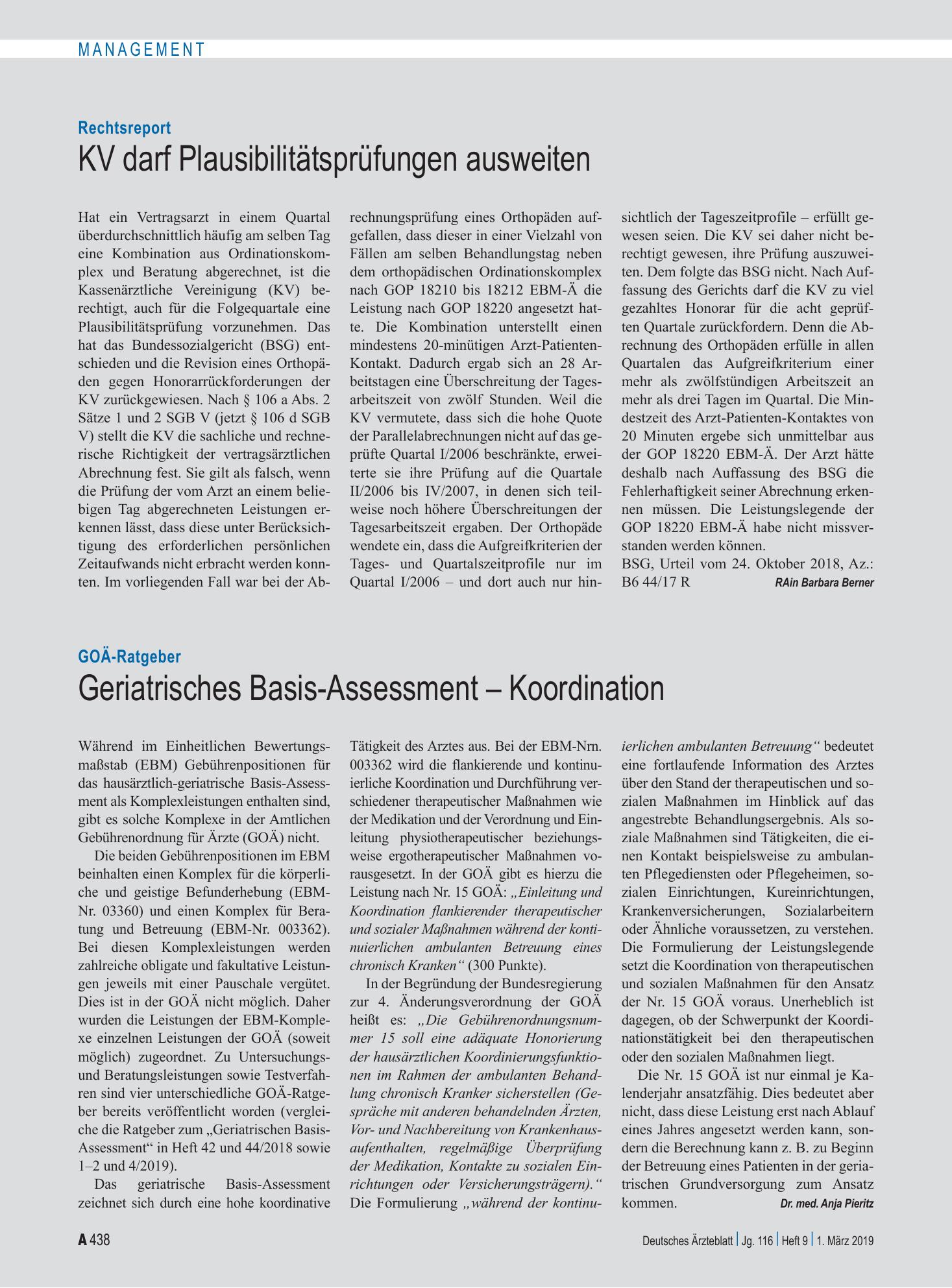Vorschauseite 1: GOÄ-Ratgeber: Geriatrisches Basis-Assessment – Koordination – Deutsches Ärzteblatt