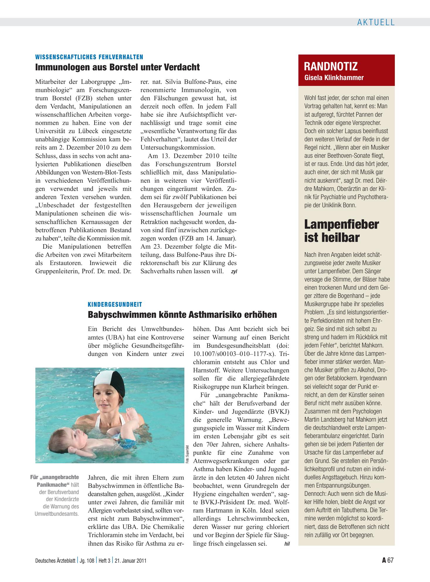 Vorschauseite 1: Randnotiz: Lampenfieber ist heilbar – Deutsches Ärzteblatt