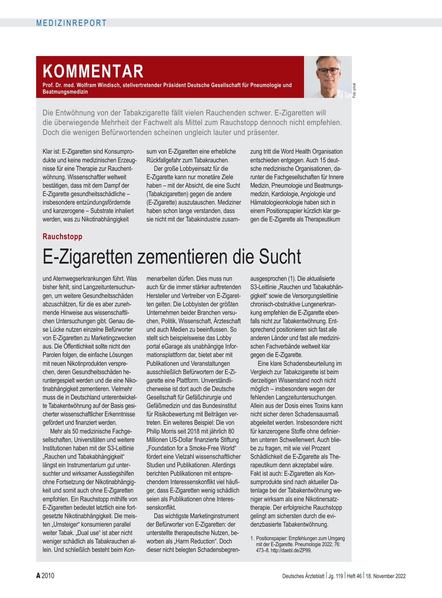 Vorschauseite 1: Rauchstopp: E-Zigaretten zementieren die Sucht – Deutsches Ärzteblatt