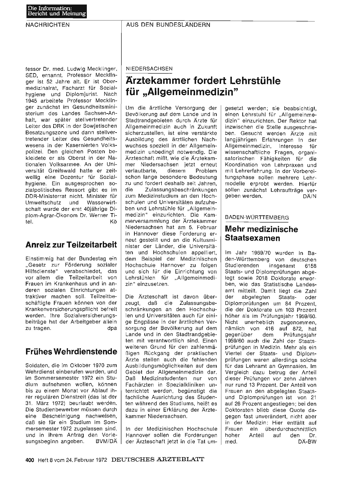 Vorschauseite 1: Niedersachsen - Ärztekammer fordert Lehrstühle für „Allgemeinmedizin"