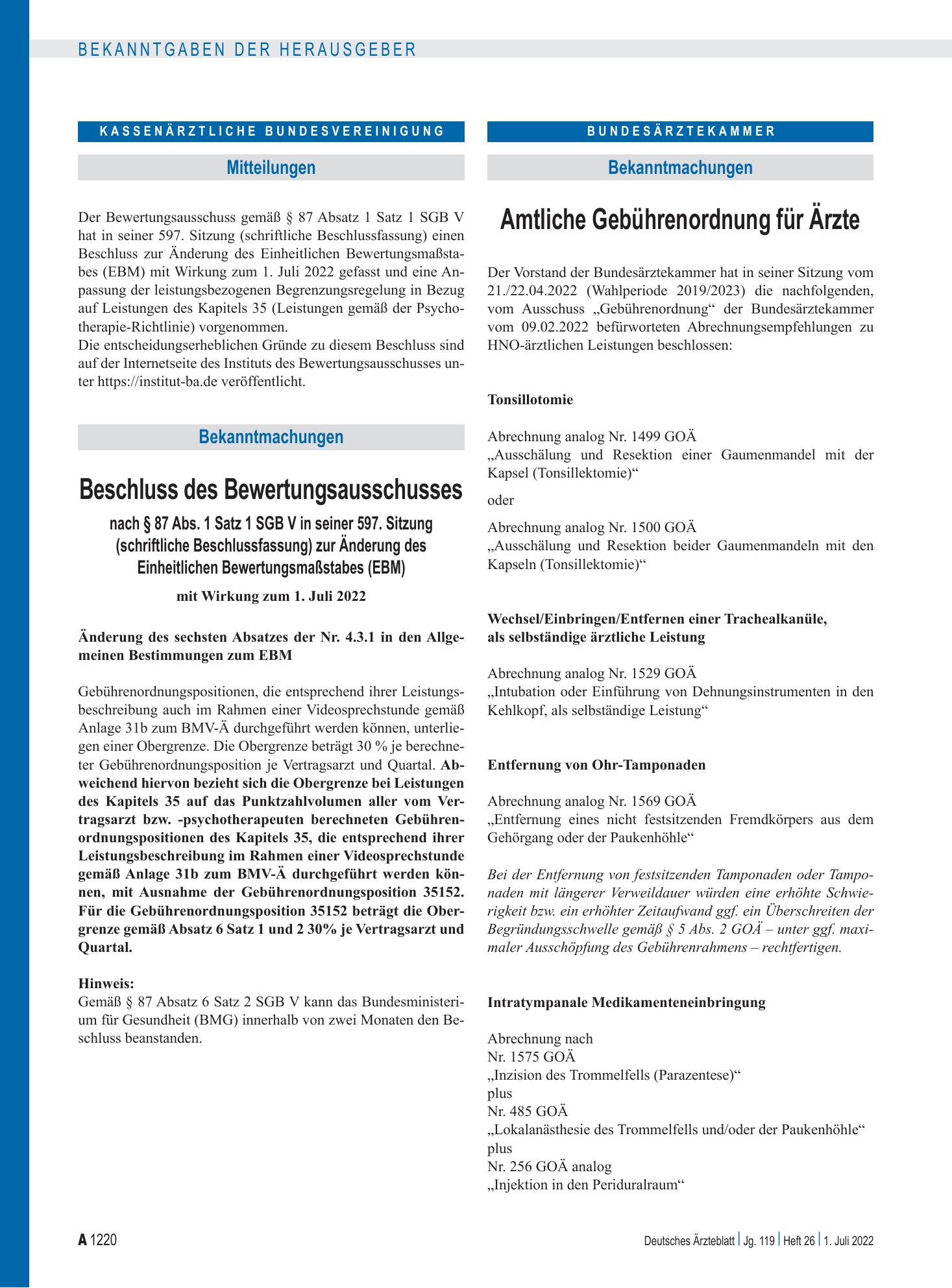 Vorschauseite 1: Amtliche Gebührenordnung für Ärzte – Deutsches Ärzteblatt
