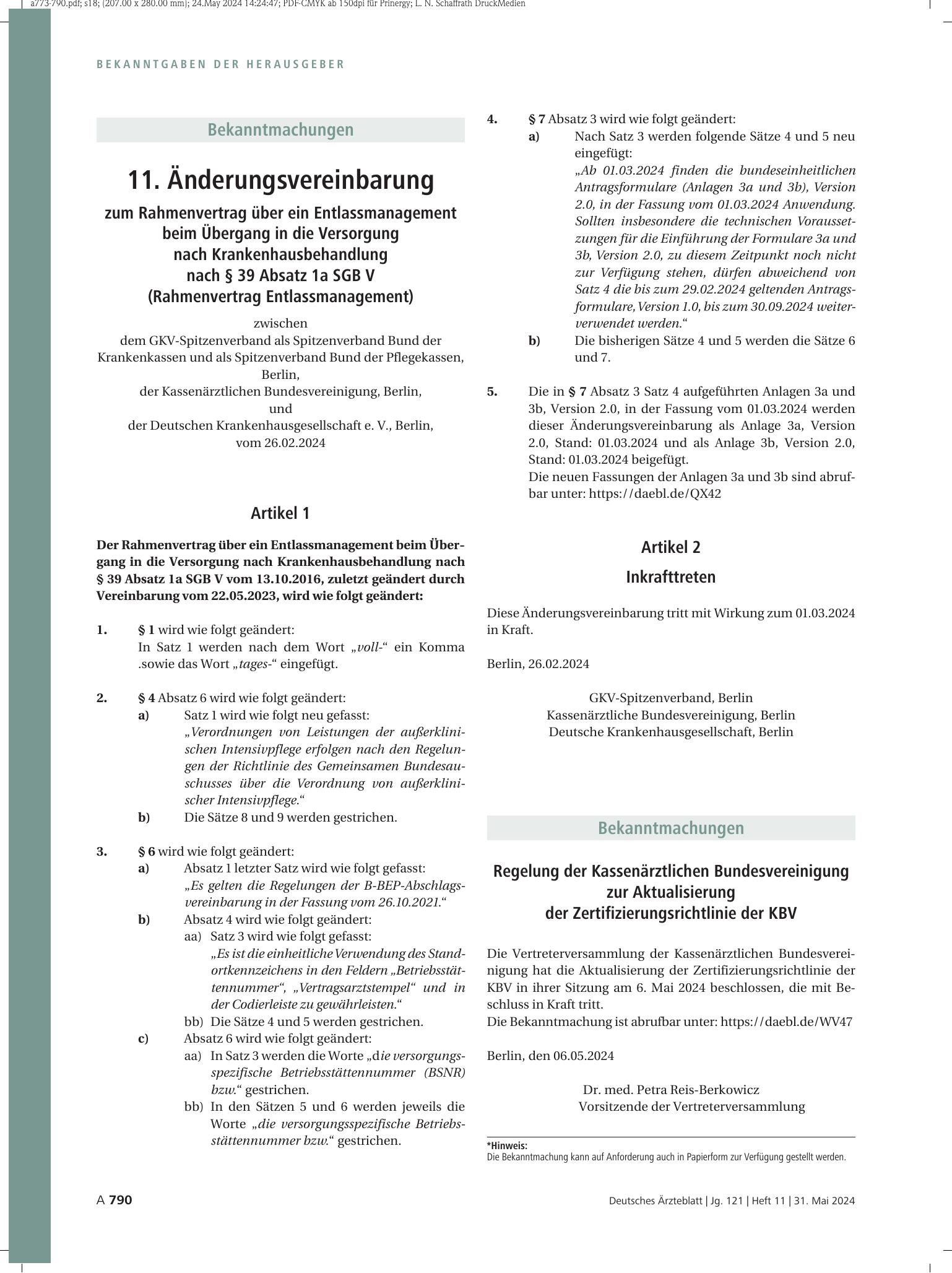 Vorschauseite 1: 11. Änderungsvereinbarung zum Rahmenvertrag über ein Entlassmanagement beim Übergang in die Versorgung nach Krankenhausbehandlung nach § 39 Absatz 1a SGB V (Rahmenvertrag Entlassm…