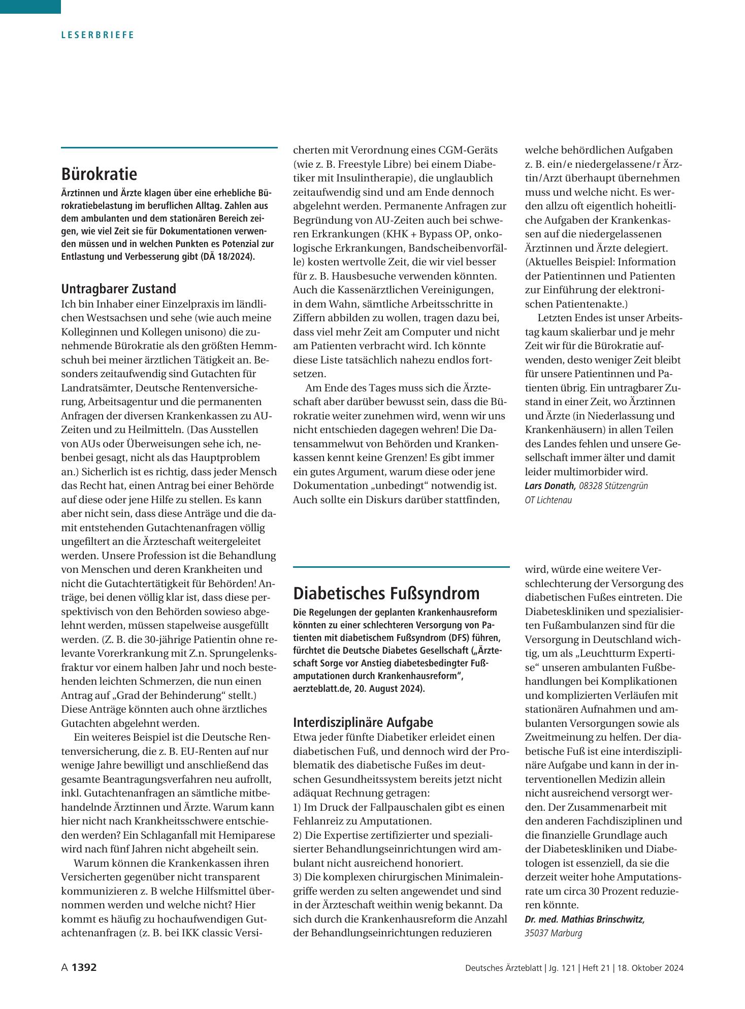 Vorschauseite 1: Bürokratie: Untragbarer Zustand – Deutsches Ärzteblatt