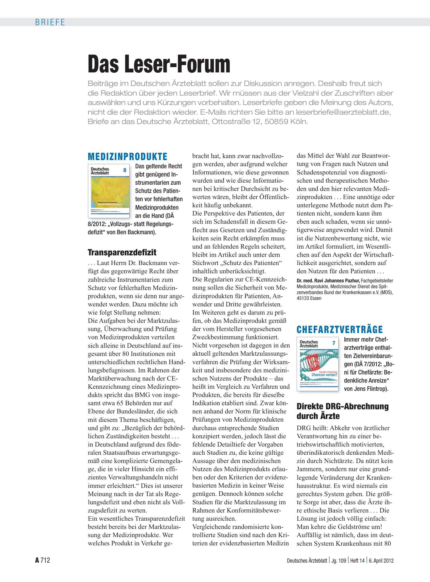Vorschauseite 1: Chefarztverträge: Direkte DRG-Abrechnung durch Ärzte – Deutsches Ärzteblatt