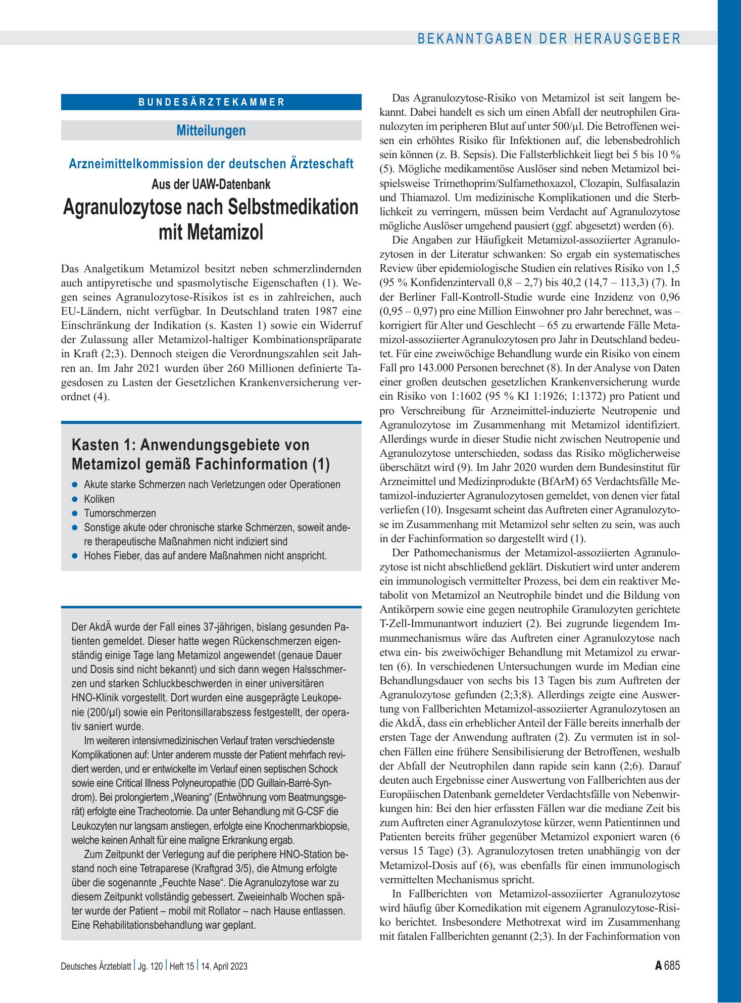 Vorschauseite 1: Arzneimittelkommission der deutschen Ärzteschaft: Aus der UAW-Datenbank Agranulozytose nach Selbstmedikation mit Metamizol – Deutsches Ärzteblatt