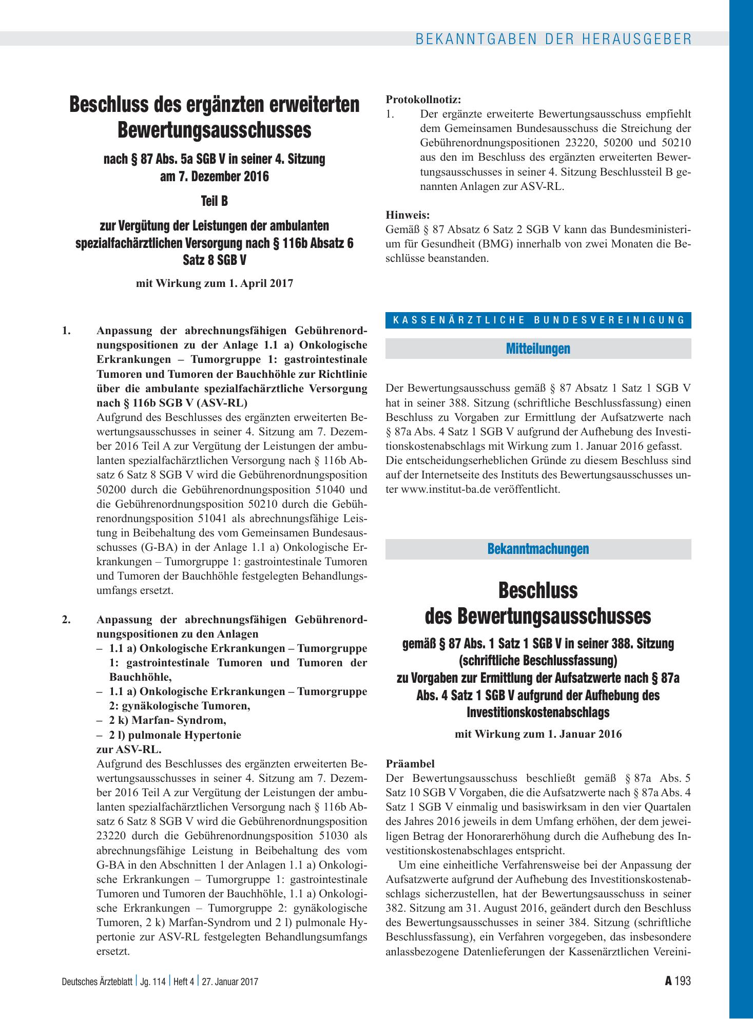 Vorschauseite 1: Beschluss des Bewertungsausschusses gemäß § 87 Abs. 1 Satz 1 SGB V in seiner 388. Sitzung – Deutsches Ärzteblatt
