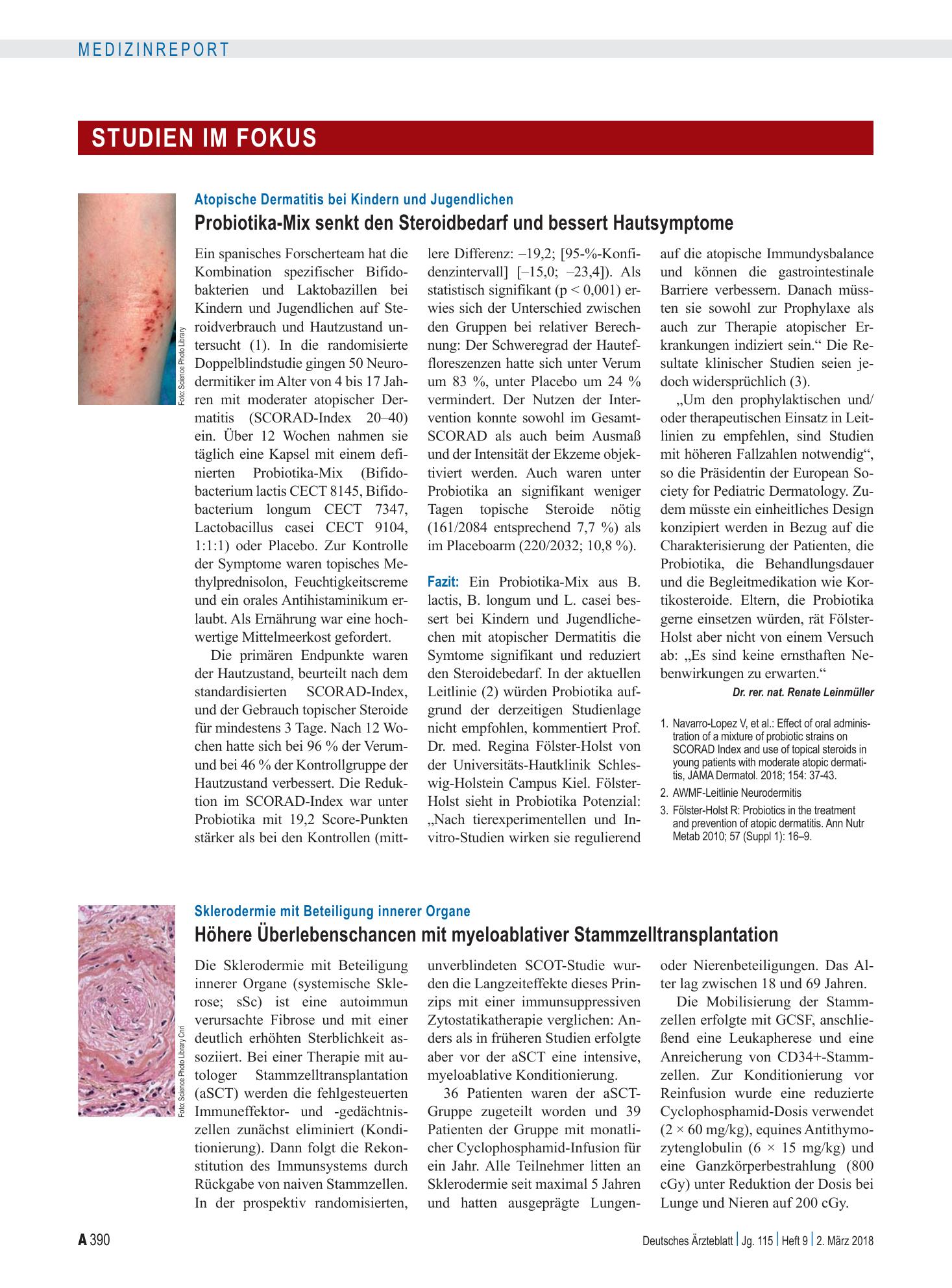 Vorschauseite 1: Atopische Dermatitis bei Kindern und Jugendlichen: Probiotika-Mix senkt den Steroidbedarf und bessert Hautsymptome – Deutsches Ärzteblatt