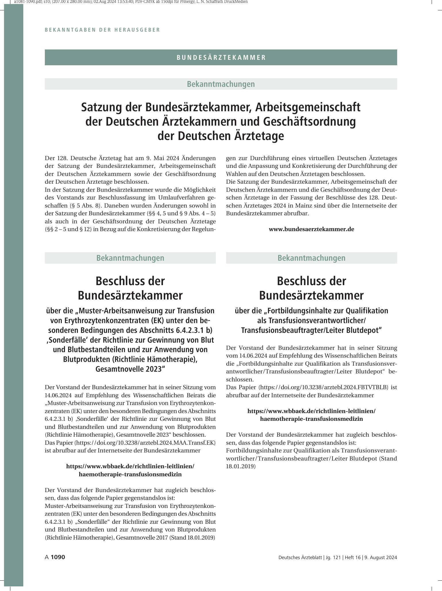 Vorschauseite 1: Satzung der Bundesärztekammer, Arbeitsgemeinschaft der Deutschen Ärztekammern und Geschäftsordnung der Deutschen Ärztetage – Deutsches Ärzteblatt