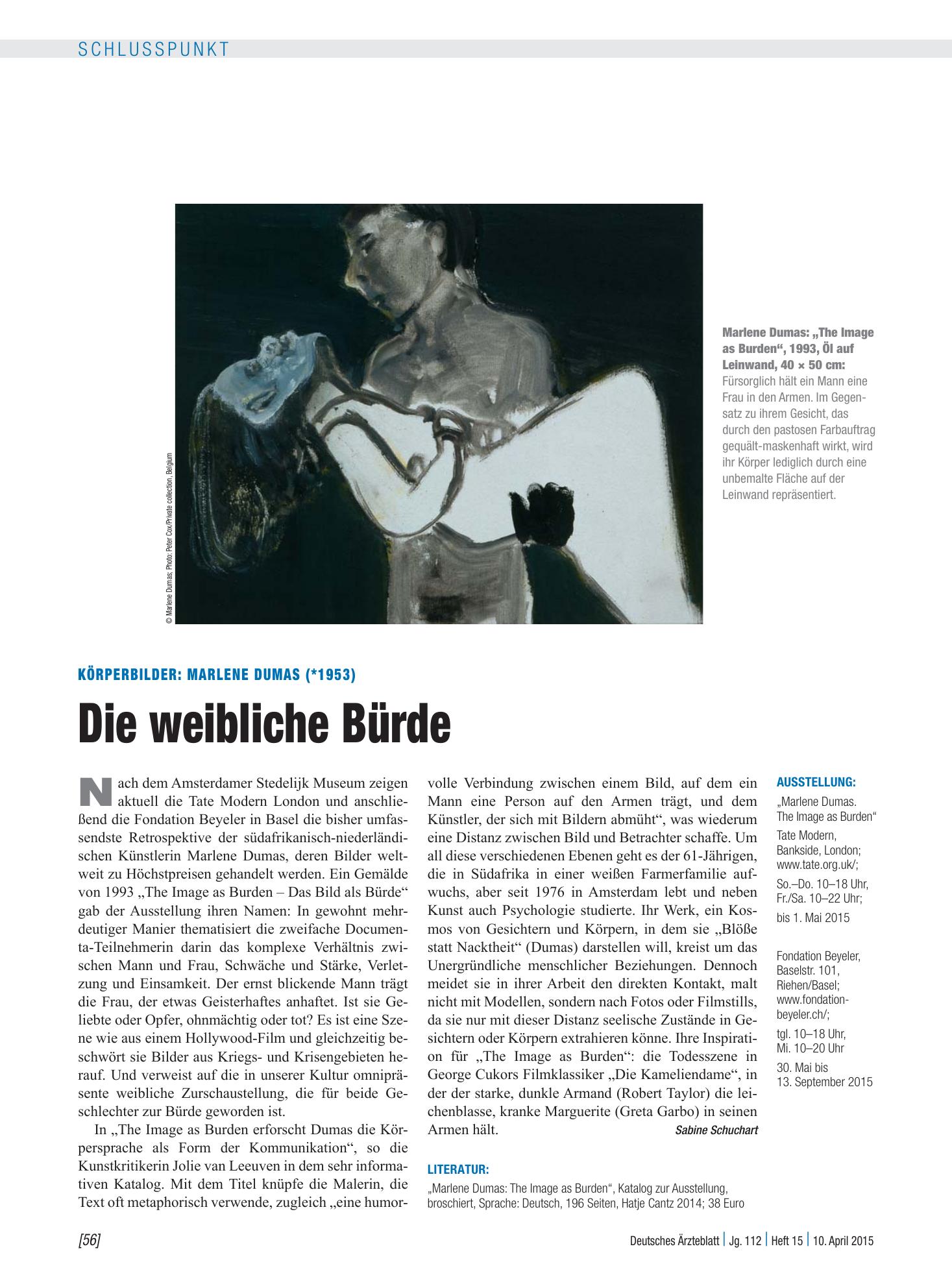 Vorschauseite 1: Körperbilder: Marlene Dumas (*1953) – Die weibliche Bürde – Deutsches Ärzteblatt