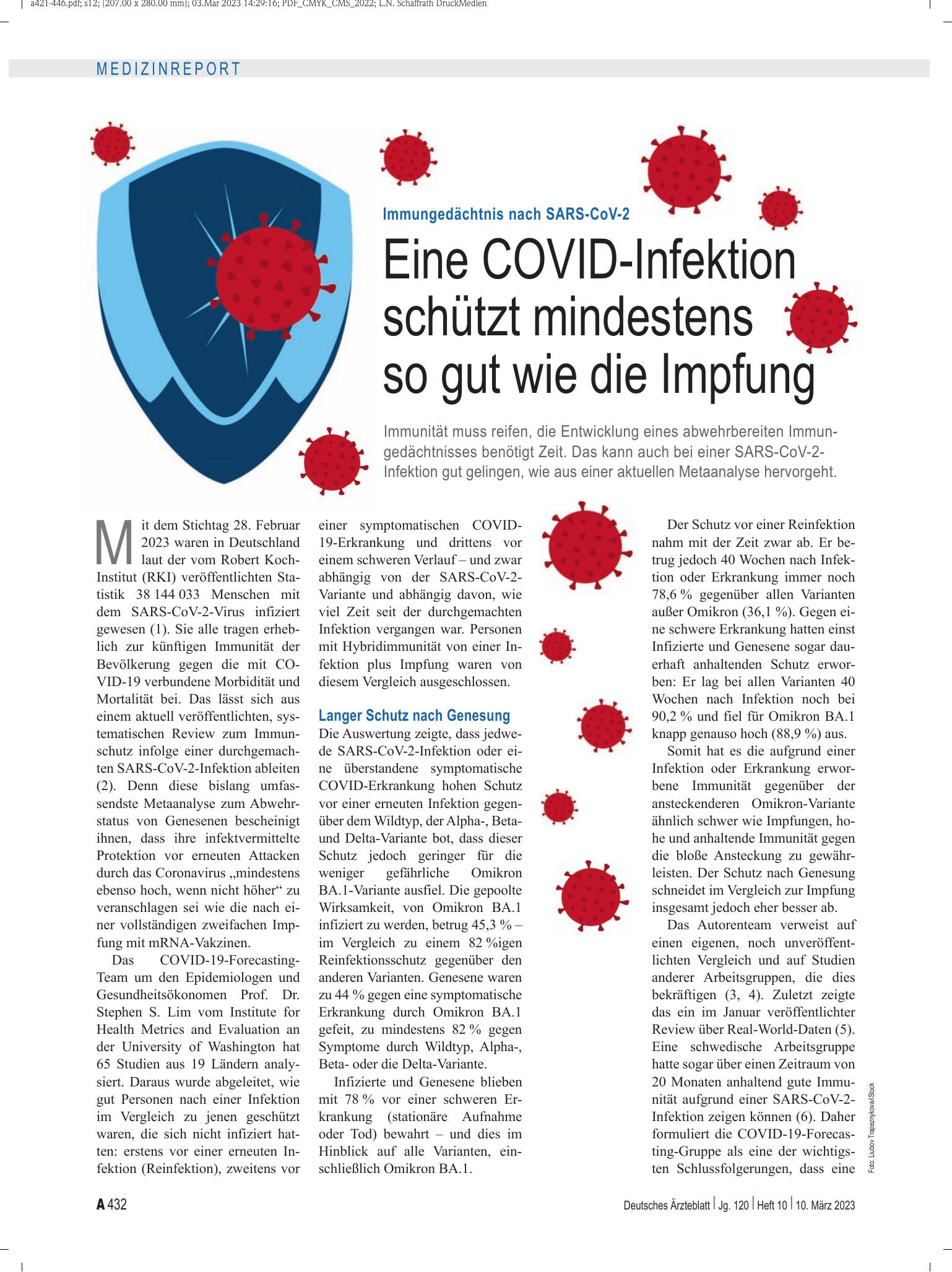 Vorschauseite 1: Immungedächtnis nach SARS-CoV-2: Eine COVID-Infektion schützt mindestens so gut wie die Impfung – Deutsches Ärzteblatt