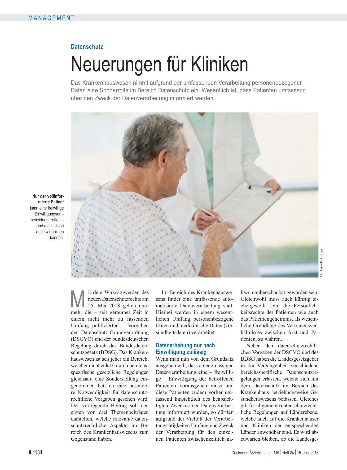 Vorschauseite 1: Datenschutz: Neuerungen für Kliniken – Deutsches Ärzteblatt