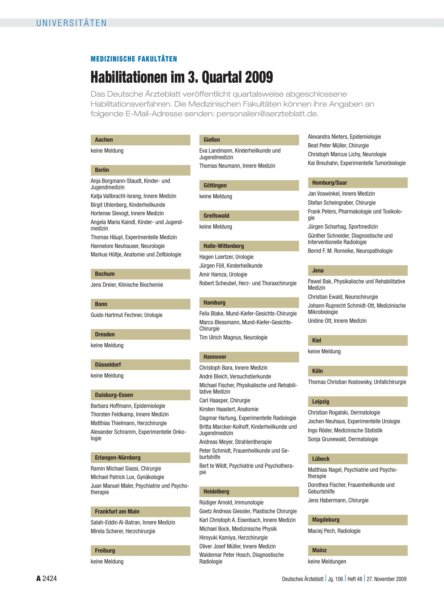 Vorschauseite 1: Medizinische Fakultäten: Habilitationen im 3. Quartal 2009 – Deutsches Ärzteblatt