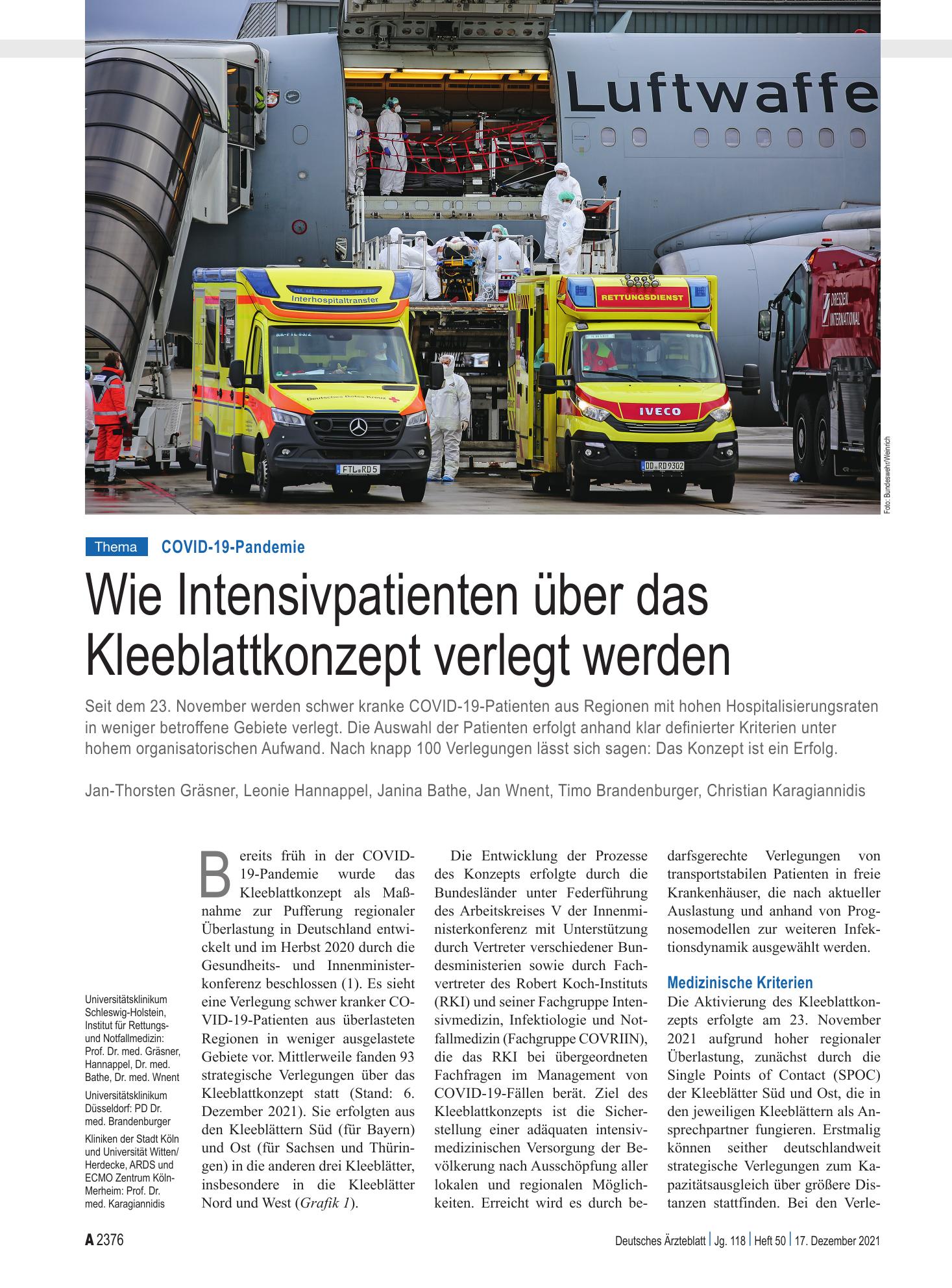 Vorschauseite 1: COVID-19-Pandemie: Wie Intensivpatienten über das Kleeblattkonzept verlegt werden – Deutsches Ärzteblatt
