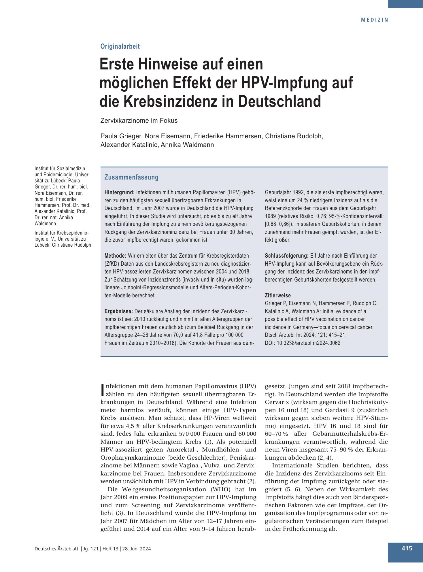 Vorschauseite 1: Erste Hinweise auf einen möglichen Effekt der HPV-Impfung auf die Krebsinzidenz in Deutschland – Deutsches Ärzteblatt