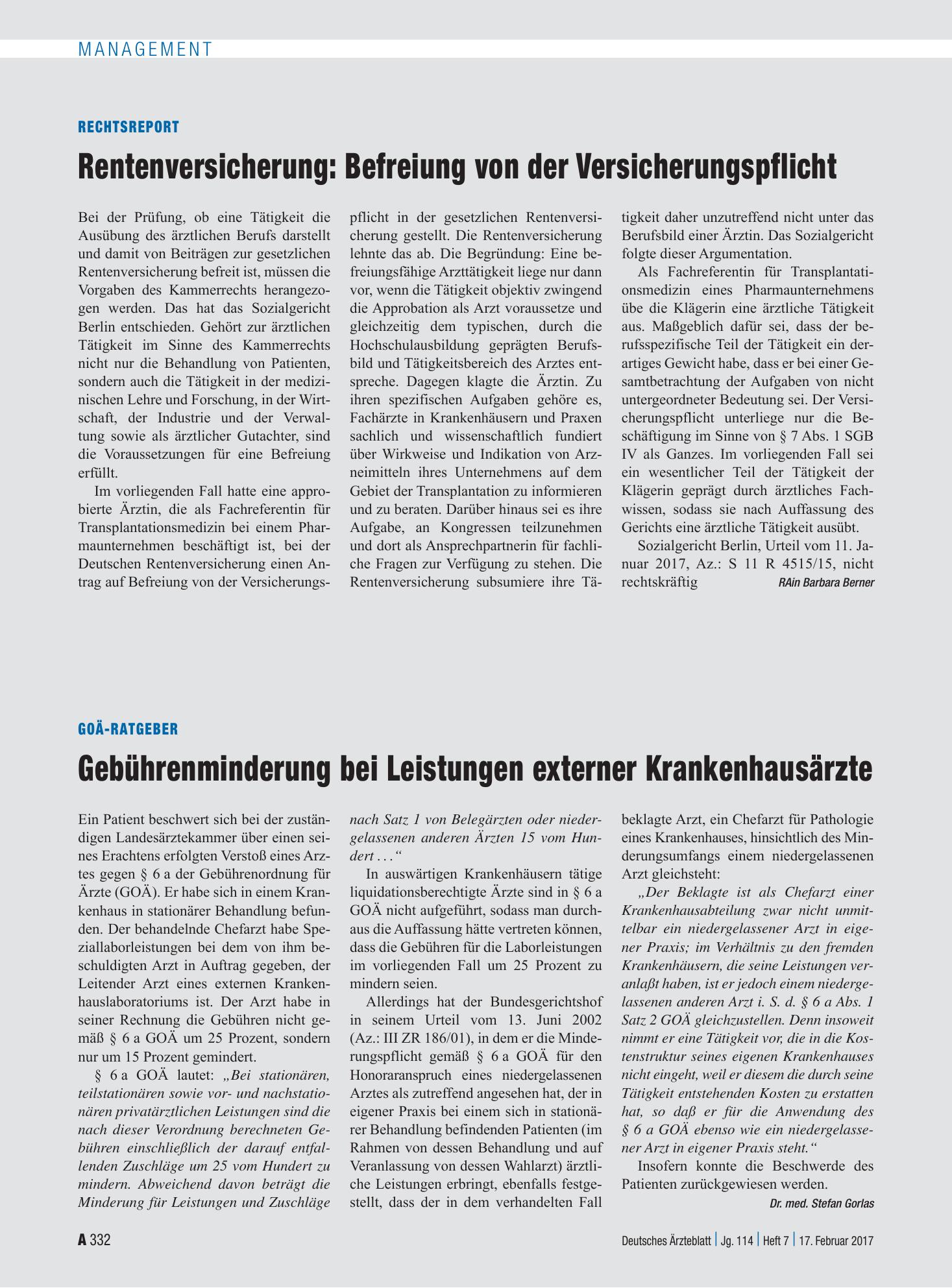 Vorschauseite 1: Rechtsreport: Rentenversicherung – Befreiung von der Versicherungspflicht – Deutsches Ärzteblatt