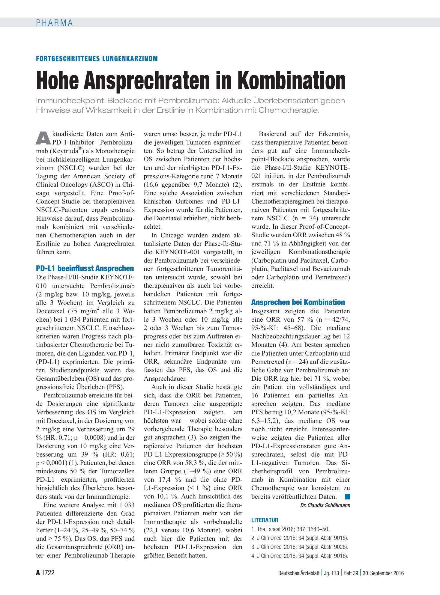 Vorschauseite 1: Fortgeschrittenes Lungenkarzinom: Hohe Ansprechraten in Kombination – Deutsches Ärzteblatt