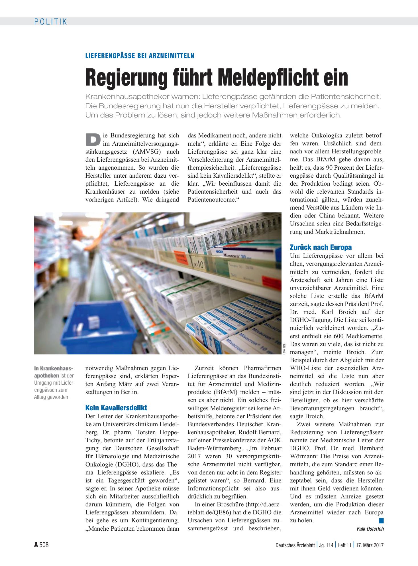 Vorschauseite 1: Lieferengpässe bei Arzneimitteln: Regierung führt Meldepflicht ein – Deutsches Ärzteblatt