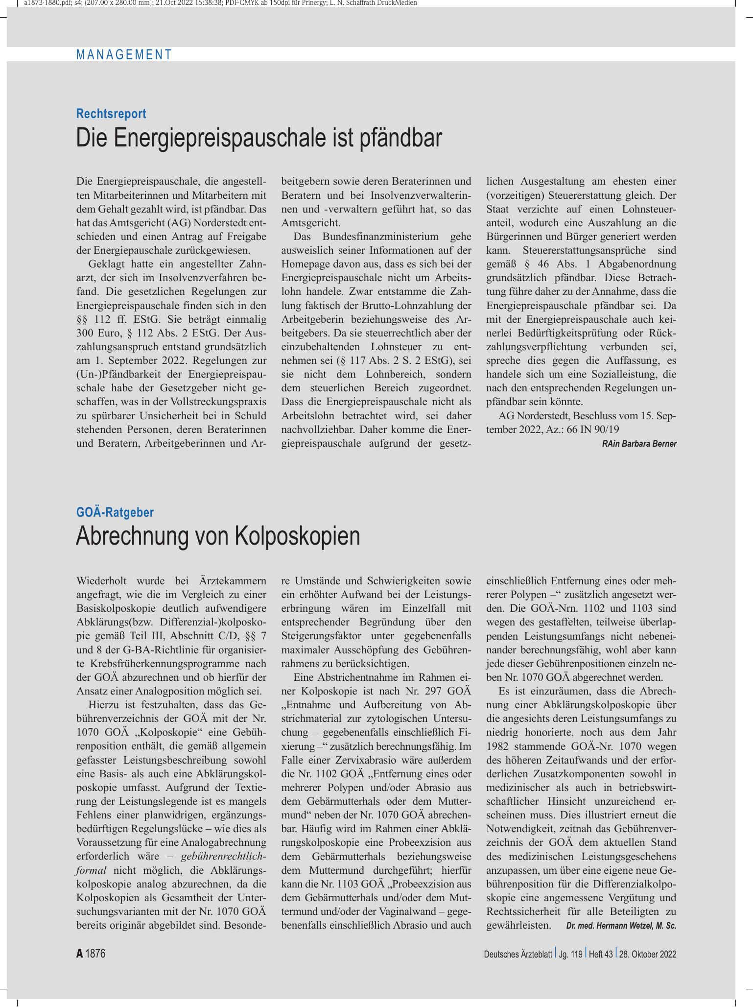 Vorschauseite 1: Rechtsreport: Die Energiepreispauschale ist pfändbar – Deutsches Ärzteblatt