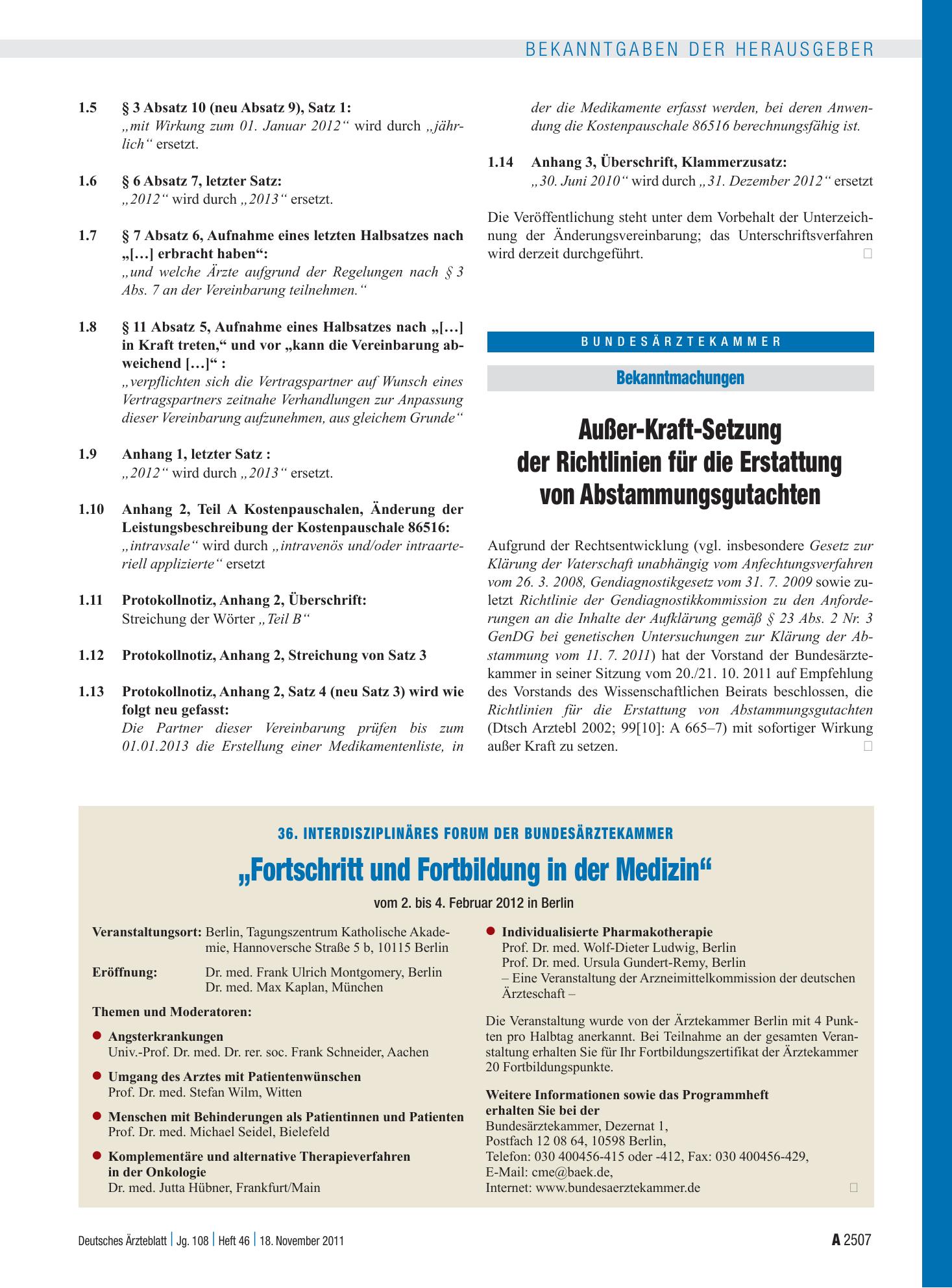 Vorschauseite 1: Außer-Kraft-Setzung der Richtlinien für die Erstattung von Abstammungsgutachten – Deutsches Ärzteblatt