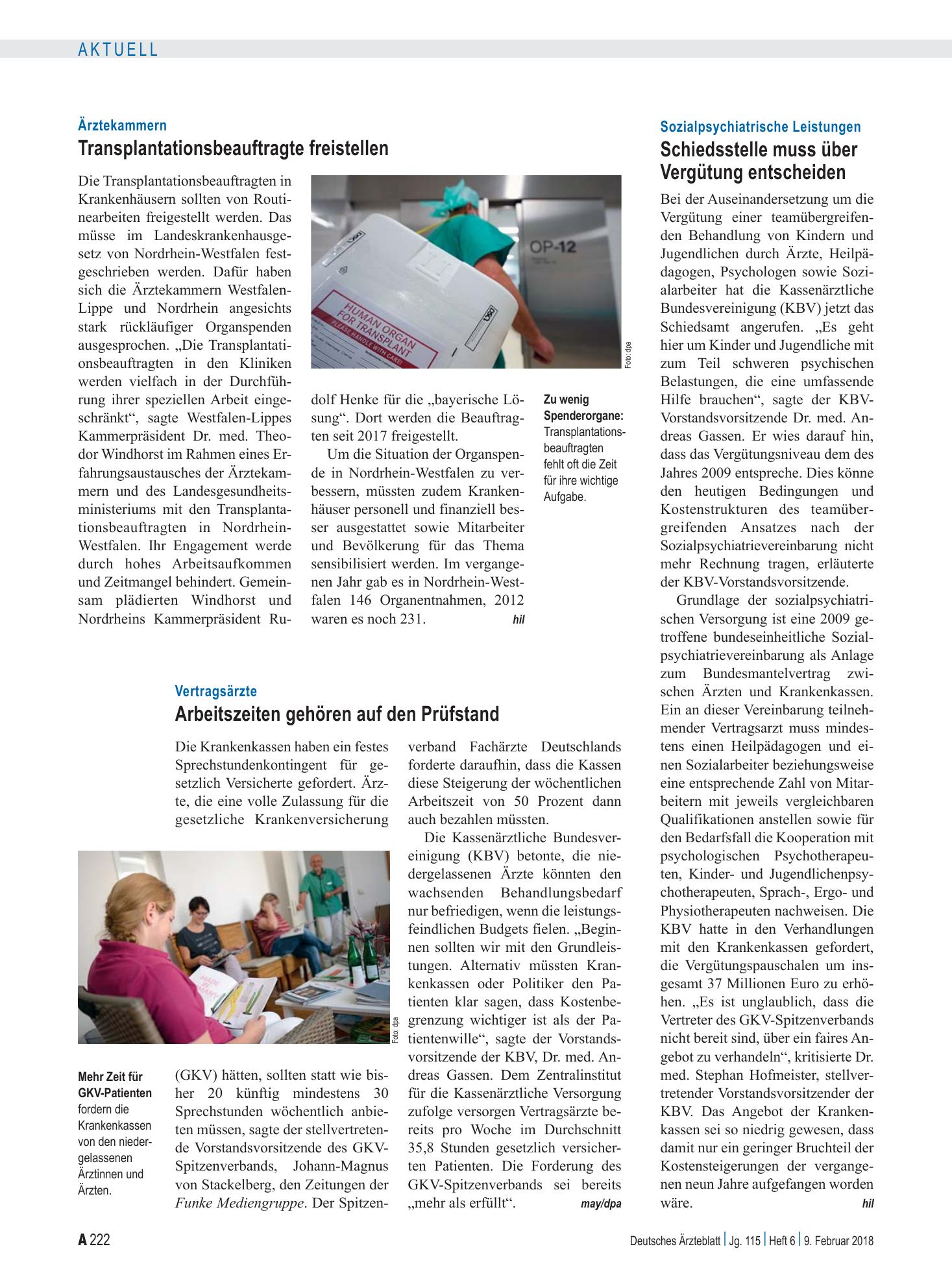 Vorschauseite 1: Ärztekammern: Transplantationsbeauftragte freistellen – Deutsches Ärzteblatt