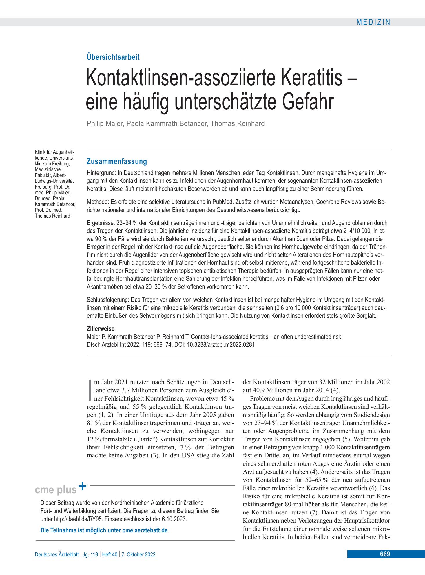 Vorschauseite 1: Kontaktlinsen-assoziierte Keratitis – eine häufig unterschätzte Gefahr – Deutsches Ärzteblatt