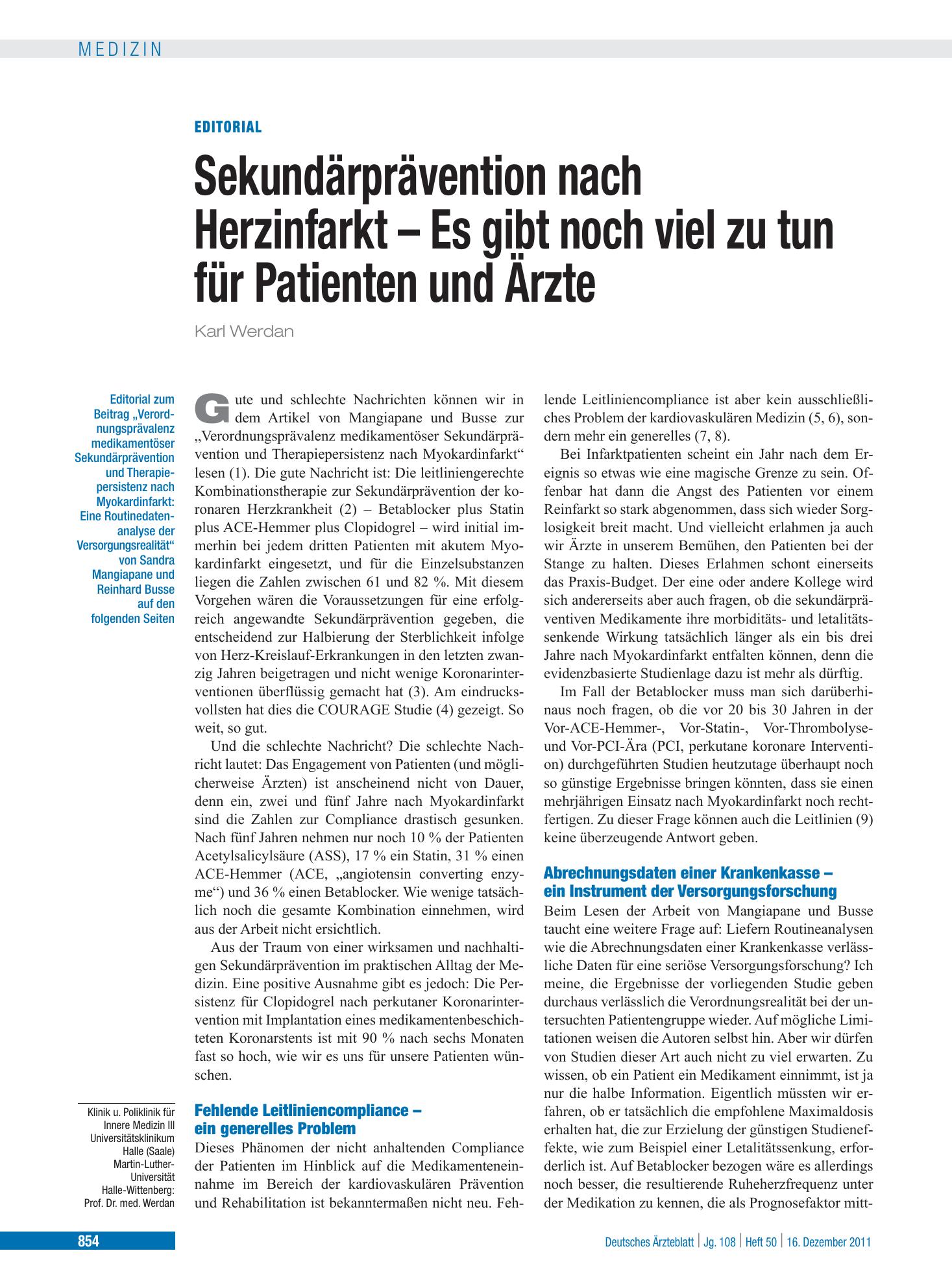 Vorschauseite 1: Verordnungsprävalenz medikamentöser Sekundär­prävention und Therapie­persistenz nach Myokard­infarkt – Deutsches Ärzteblatt