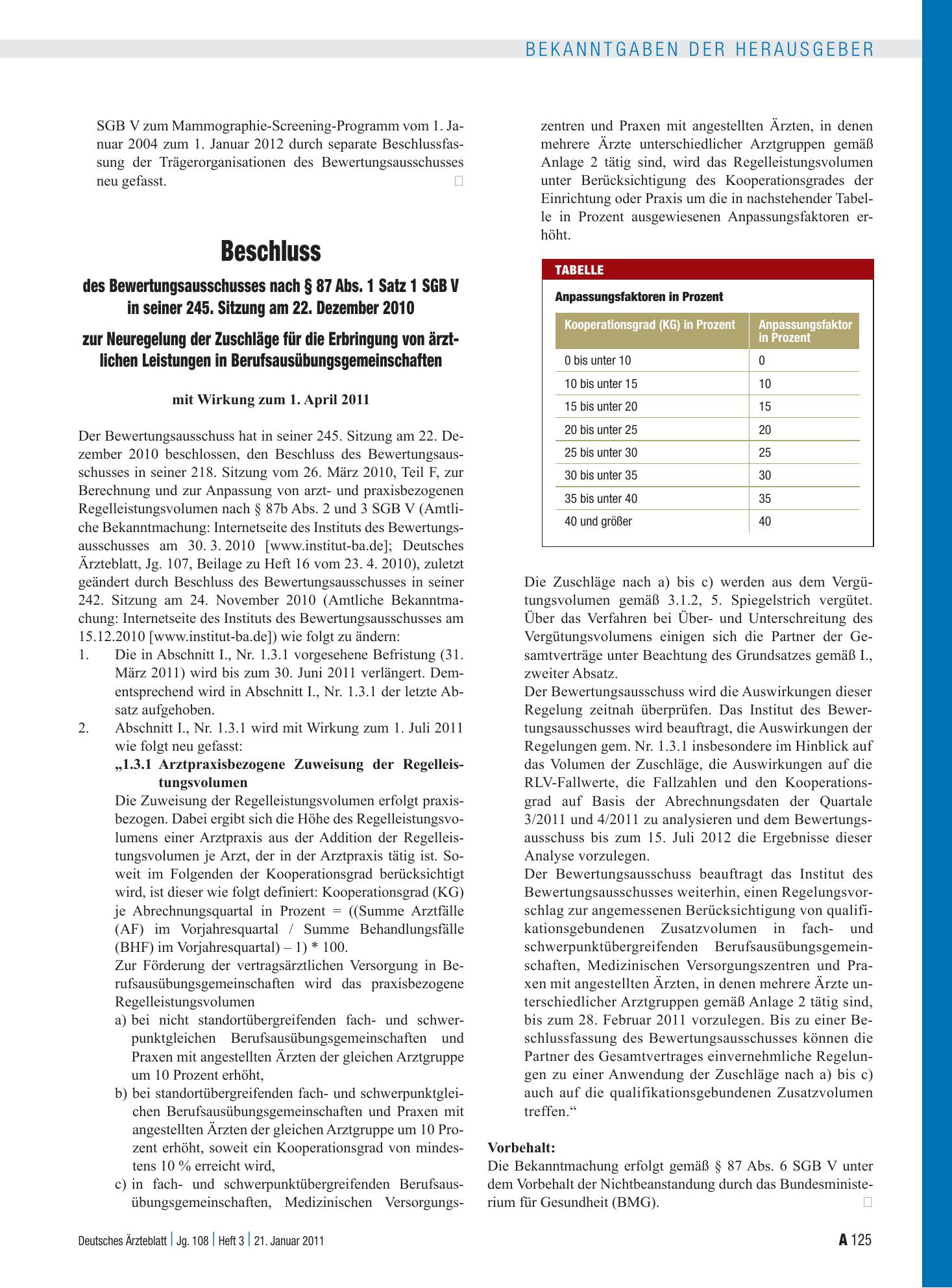 Vorschauseite 1: Beschluss des Bewertungsausschusses nach § 87 Abs. 1 Satz 1 SGB V in seiner 245. Sitzung am 22. Dezember 2010 zur Neuregelung der Zuschläge für die Erbringung von ärztlichen Leist…