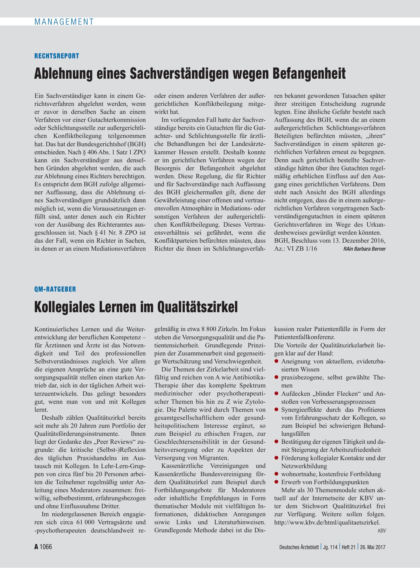 Vorschauseite 1: Rechtsreport: Ablehnung eines Sachverständigen wegen Befangenheit – Deutsches Ärzteblatt