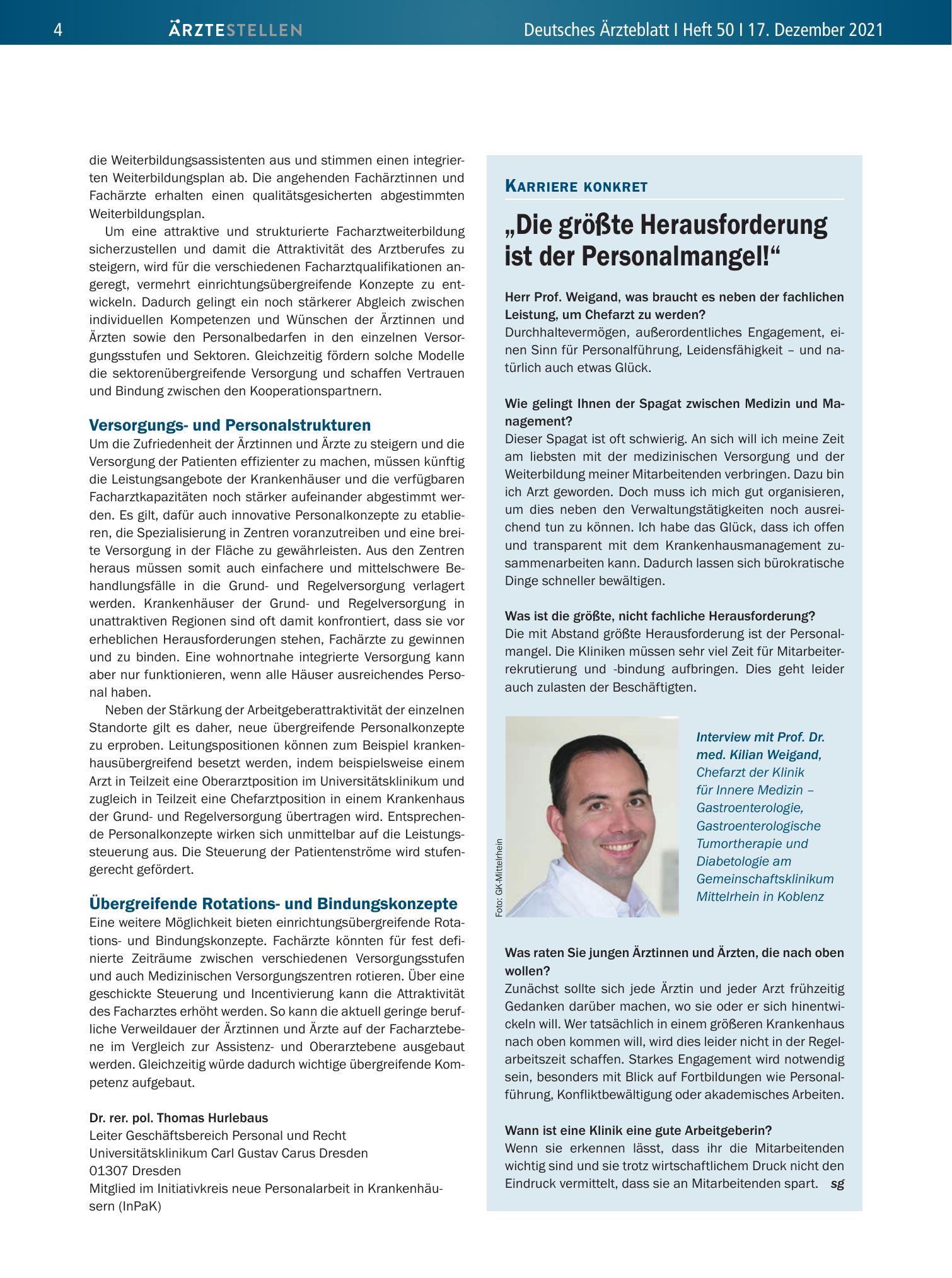 Vorschauseite 1: „Die größte Herausforderung ist der Personalmangel!“ – Deutsches Ärzteblatt