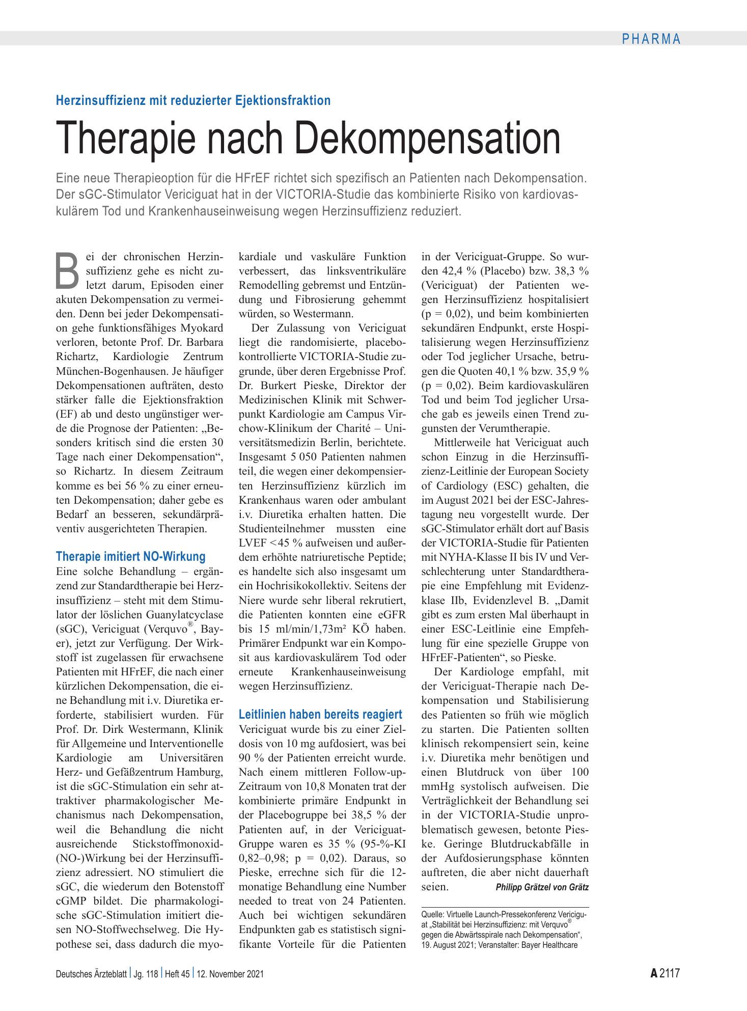Vorschauseite 1: Herzinsuffizienz mit reduzierter Ejektionsfraktion: Therapie nach Dekompensation – Deutsches Ärzteblatt