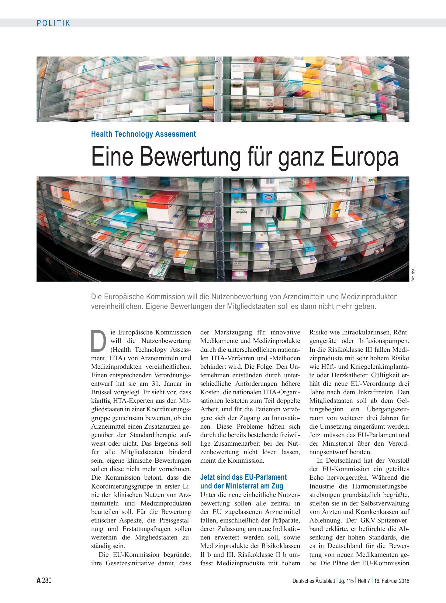 Vorschauseite 1: Health Technology Assessment: Eine Bewertung für ganz Europa – Deutsches Ärzteblatt