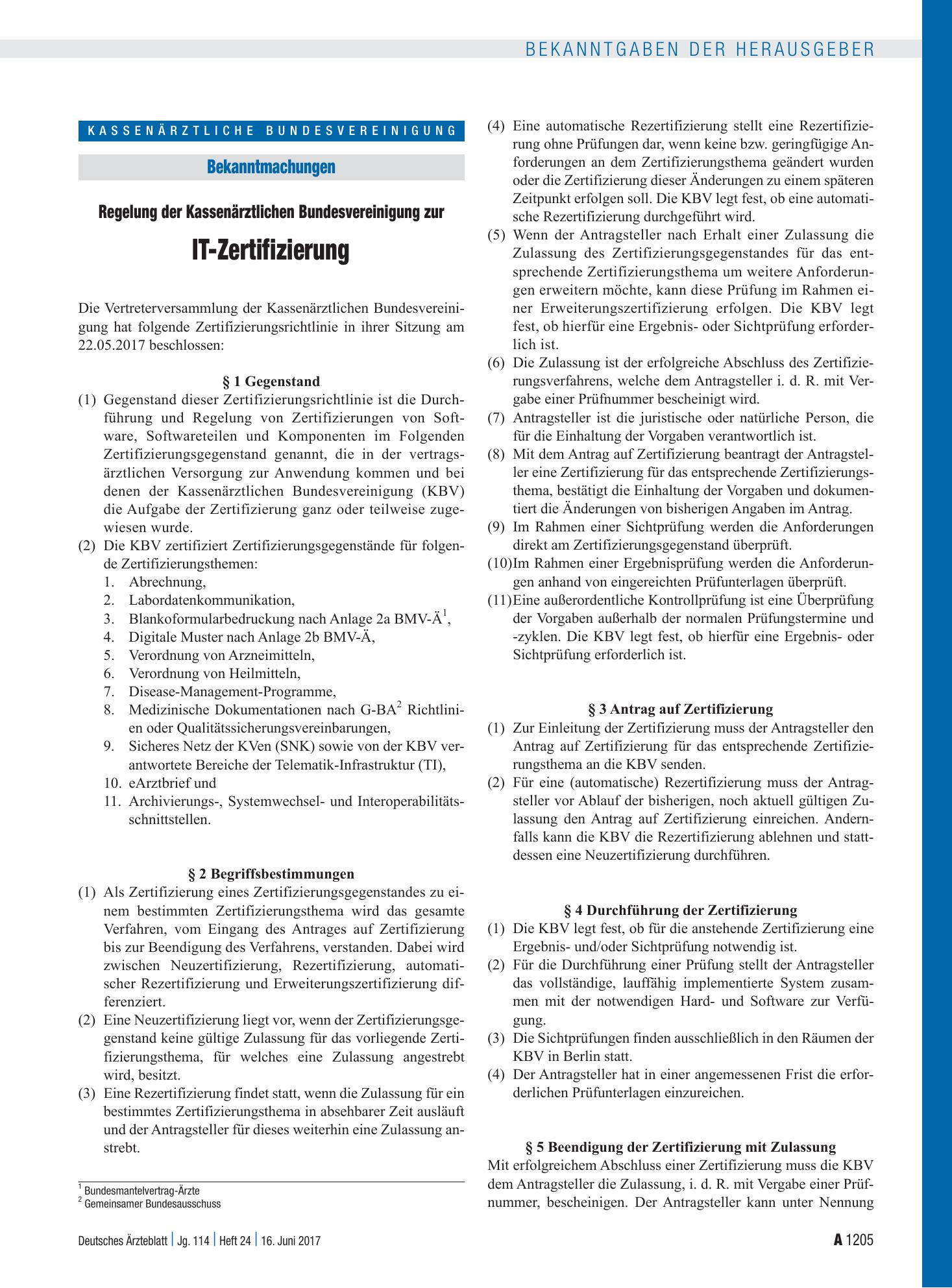 Vorschauseite 1: Regelung der Kassenärztlichen Bundesvereinigung zur IT-Zertifizierung – Deutsches Ärzteblatt