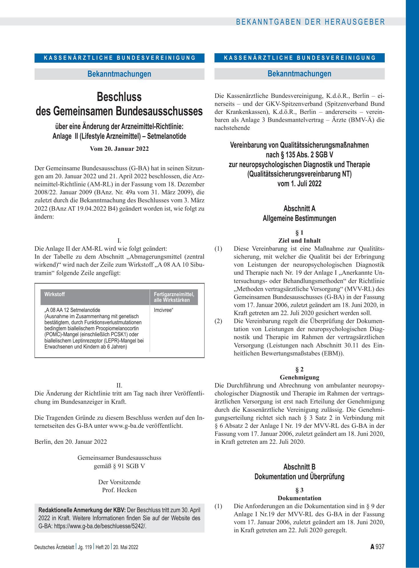 Vorschauseite 1: Beschluss des Gemeinsamen Bundesausschusses über eine Änderung der Arzneimittel-Richtlinie: Setmelanotide – Deutsches Ärzteblatt