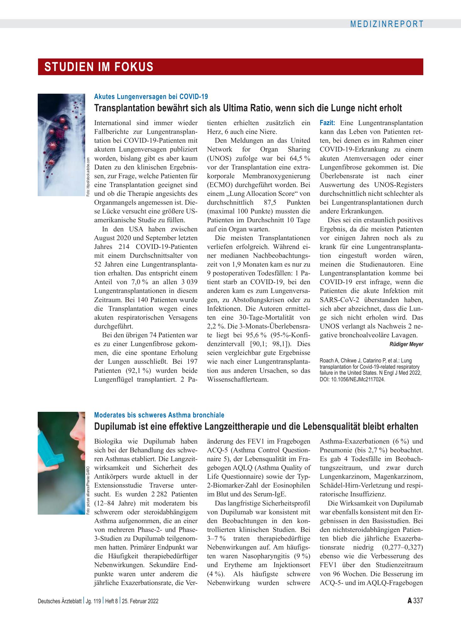 Vorschauseite 1: Moderates bis schweres Asthma bronchiale: Dupilumab ist eine effektive Langzeittherapie und die Lebensqualität bleibt erhalten – Deutsches Ärzteblatt