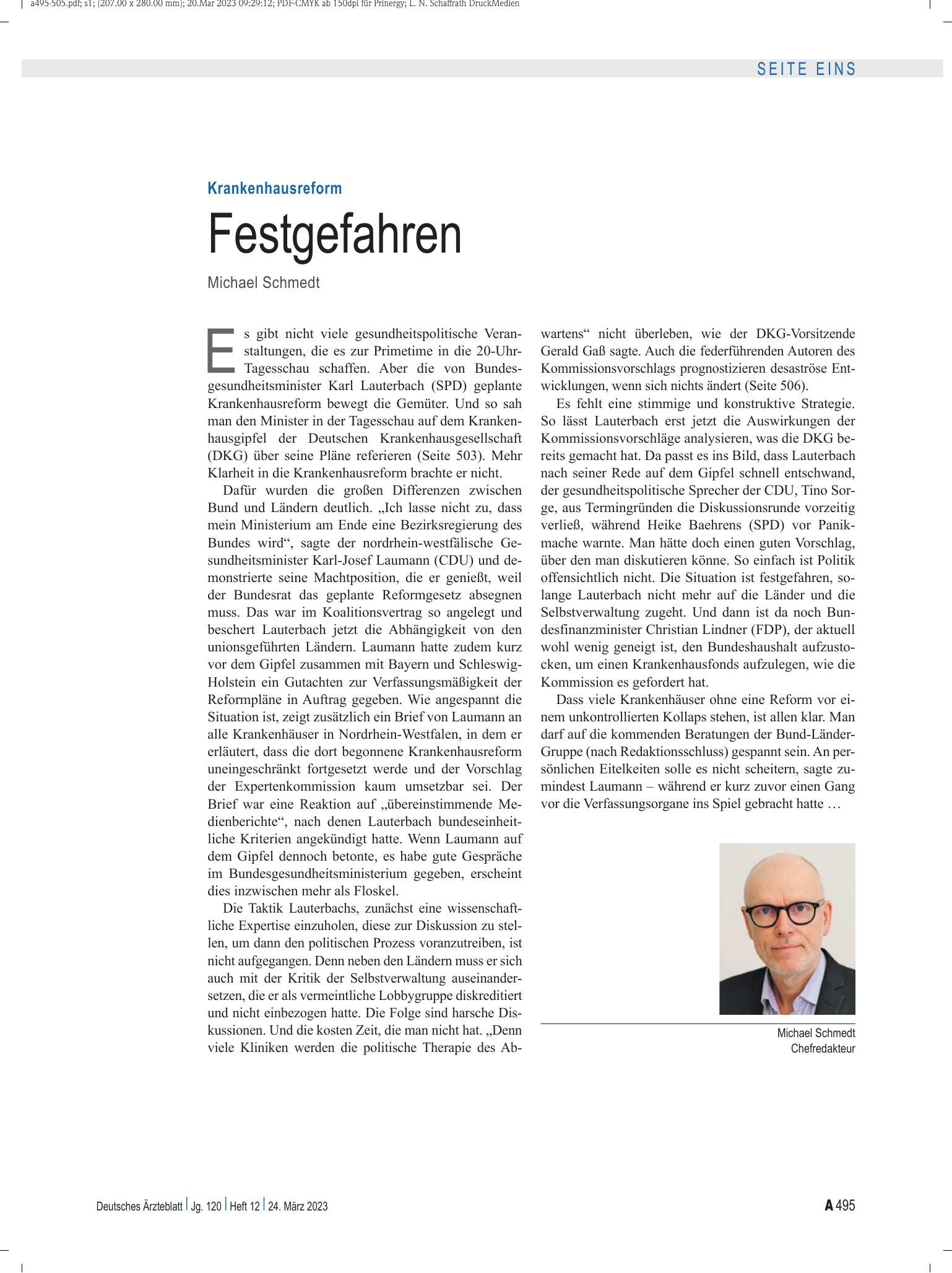 Vorschauseite 1: Krankenhausreform: Festgefahren – Deutsches Ärzteblatt