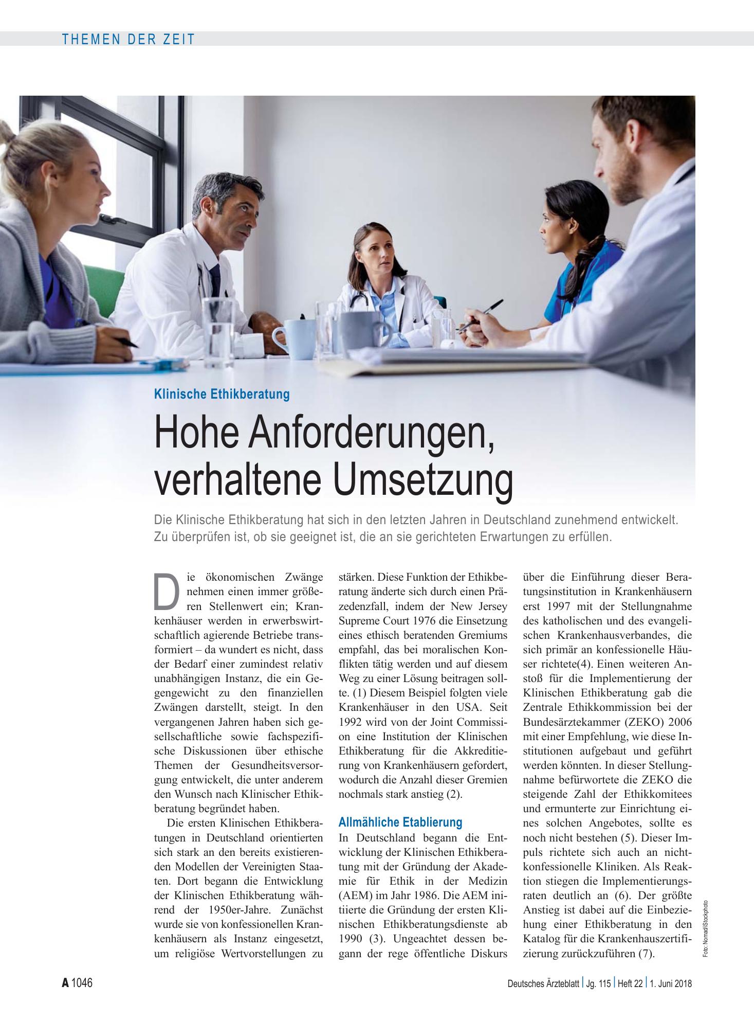 Vorschauseite 1: Klinische Ethikberatung: Hohe Anforderungen, verhaltene Umsetzung – Deutsches Ärzteblatt