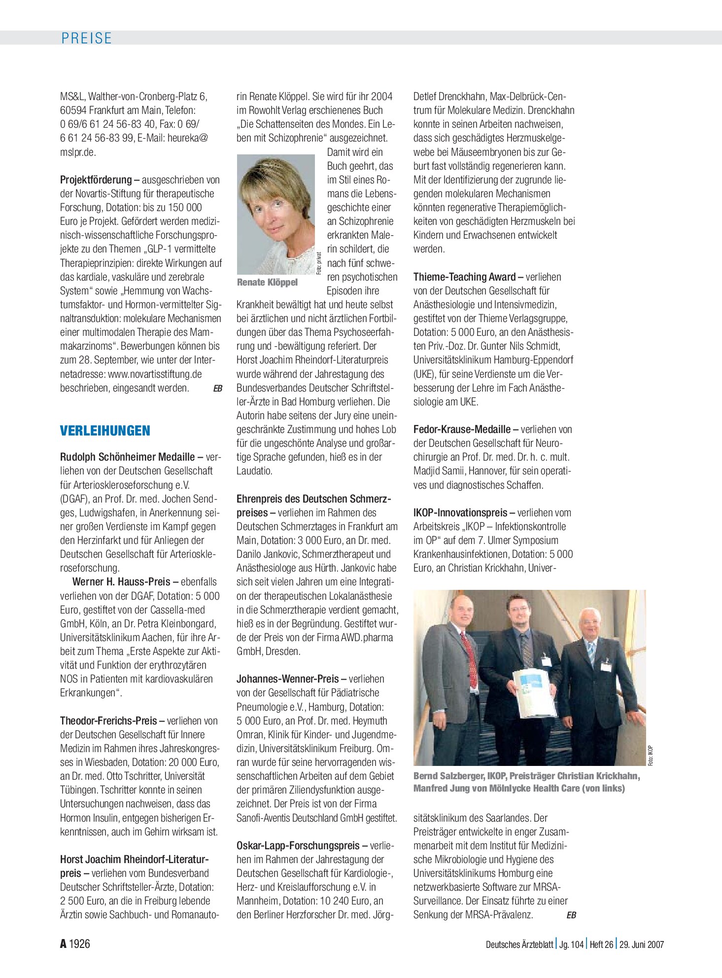 Vorschauseite 1: Verleihungen – Deutsches Ärzteblatt