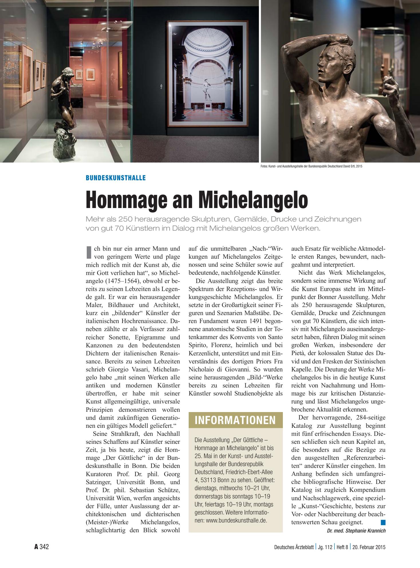 Vorschauseite 1: Bundeskunsthalle: Hommage an Michelangelo – Deutsches Ärzteblatt