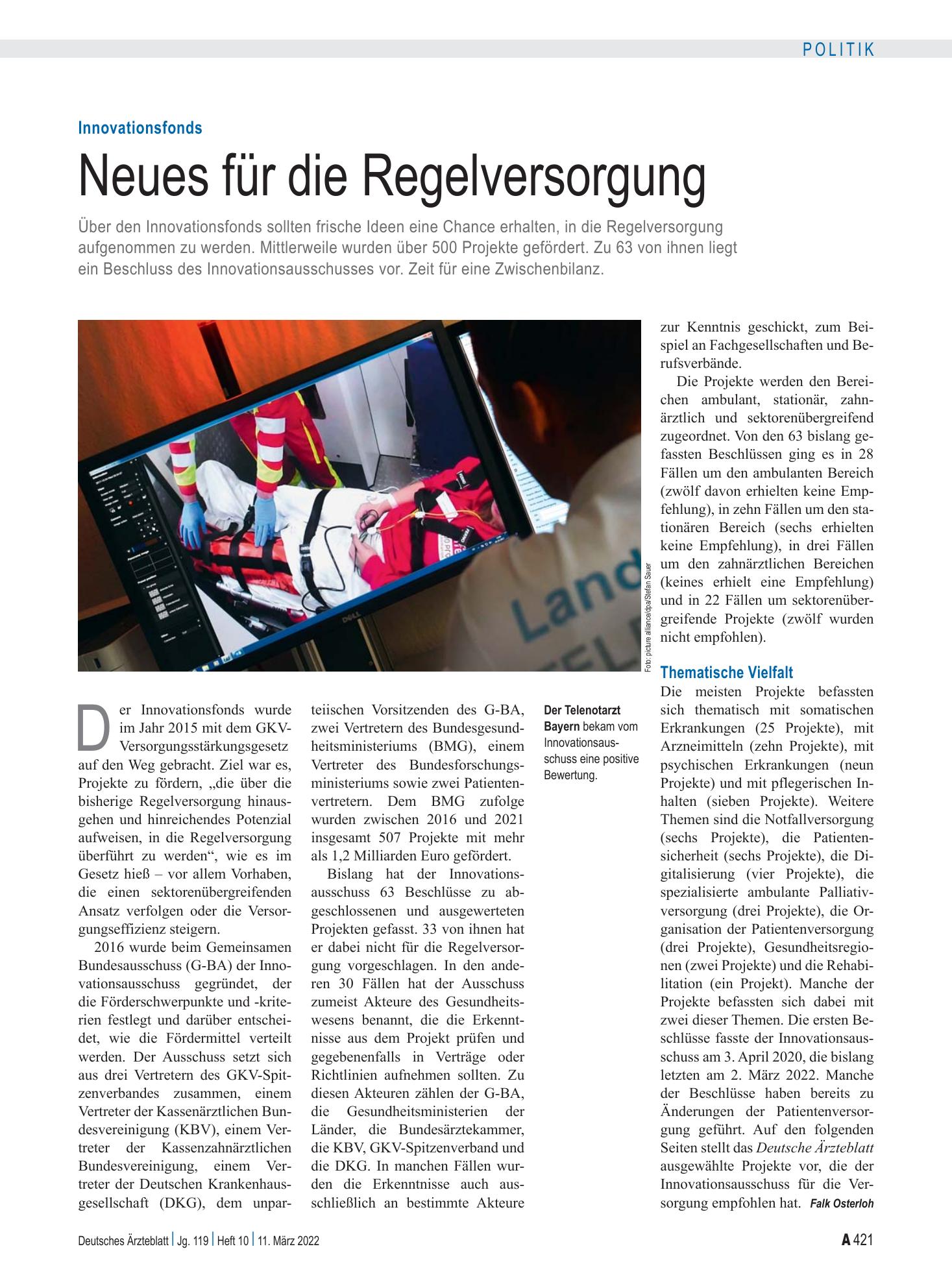 Vorschauseite 1: Innovationsfonds: Neues für die Regelversorgung – Deutsches Ärzteblatt