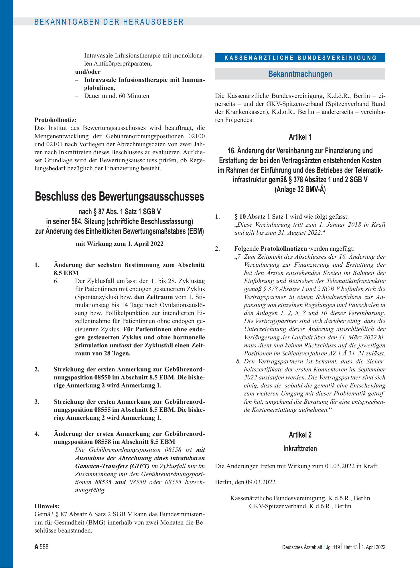 Vorschauseite 1: 16. Änderung der Vereinbarung zur Finanzierung und Erstattung der bei den Vertragsärzten entstehenden Kosten im Rahmen der Einführung und des Betriebes der Telematikinfrastruktur…