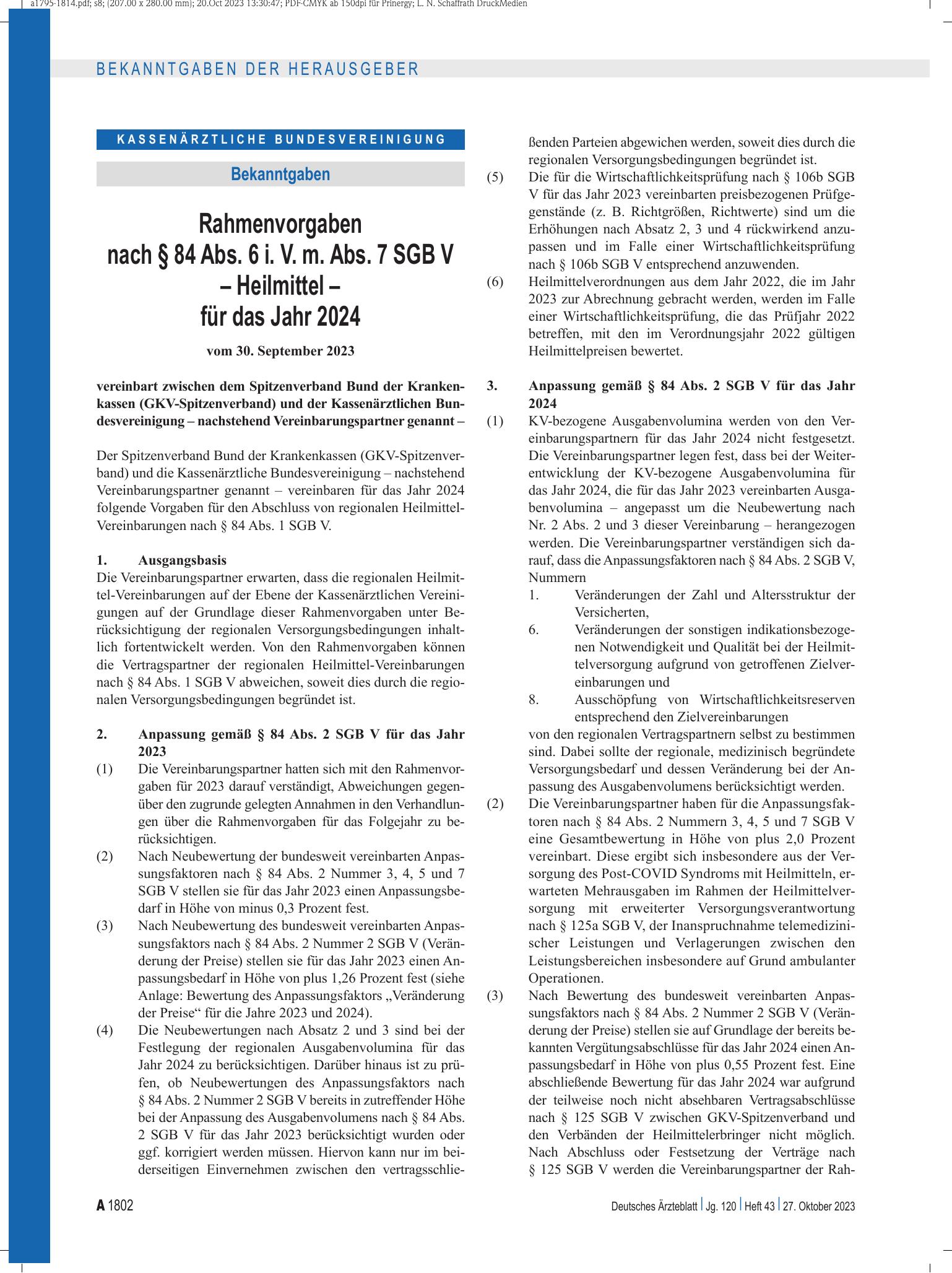Vorschauseite 1: Rahmenvorgaben nach § 84 Abs. 6 i. V. m. Abs. 7 SGB V – Heilmittel – für das Jahr 2024 – Deutsches Ärzteblatt