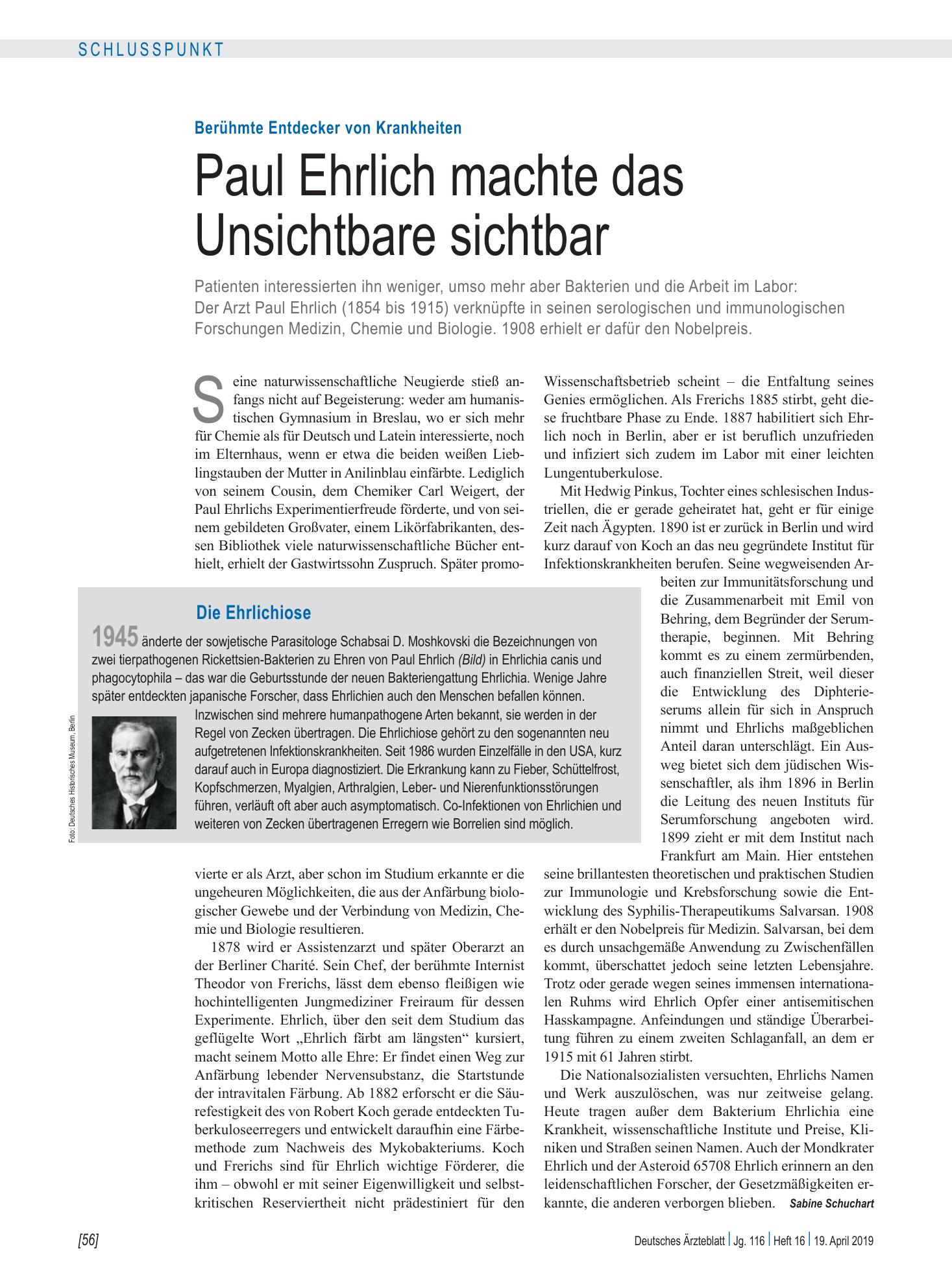 Vorschauseite 1: Berühmte Entdecker von Krankheiten: Paul Ehrlich machte das Unsichtbare sichtbar – Deutsches Ärzteblatt